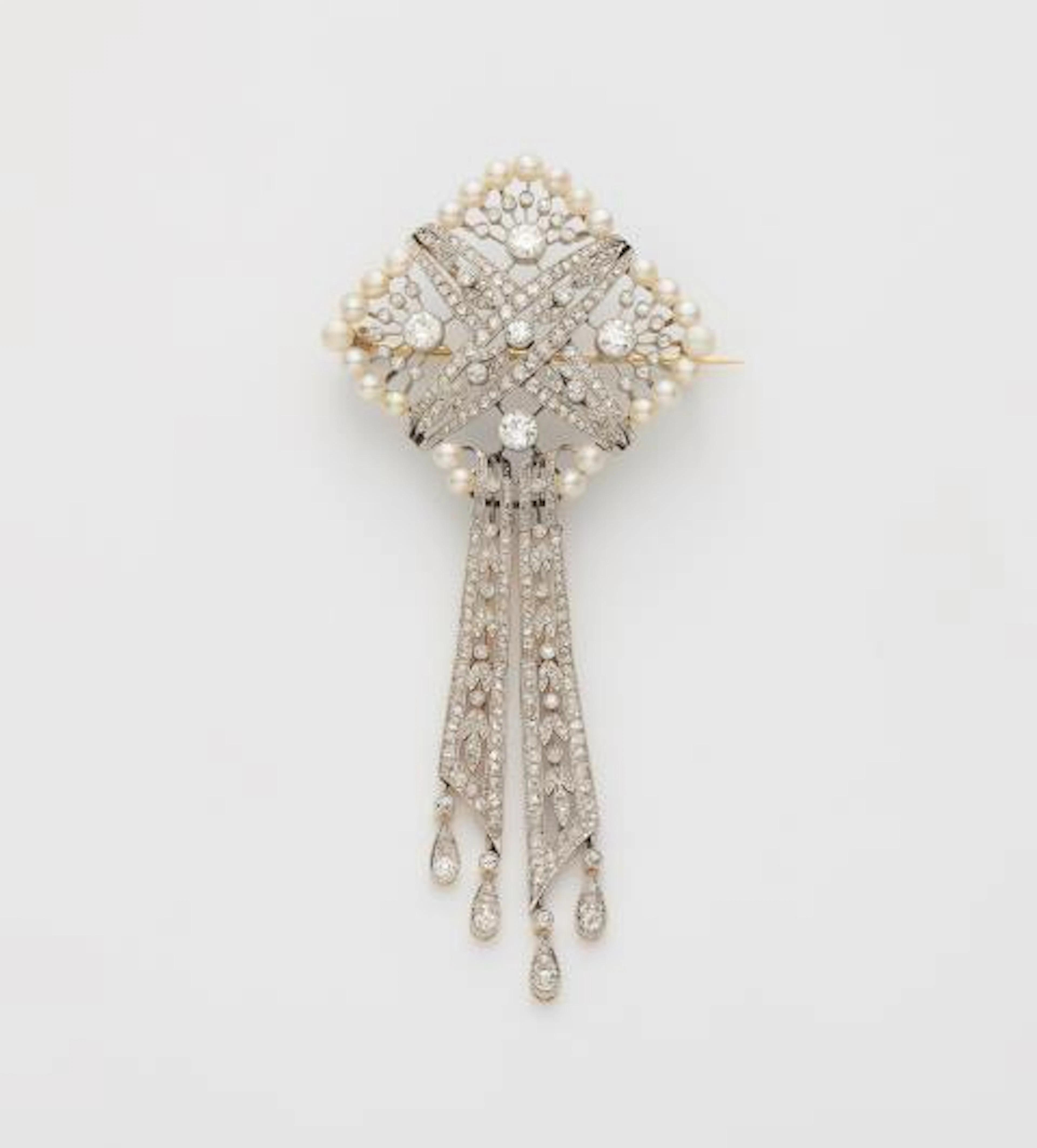 A platinum 18k gold diamond and pearl Belle Epoque brooch, can also