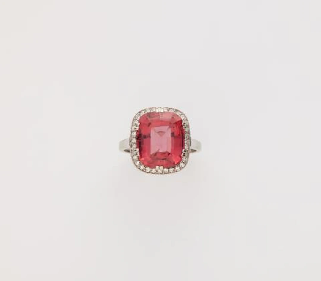A Swedish 18k white gold diamond and pink tourmaline ring.