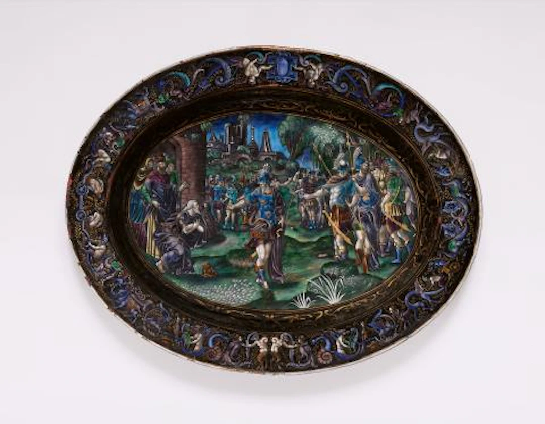 A large opulent enamelled dish with an Old Testament scene