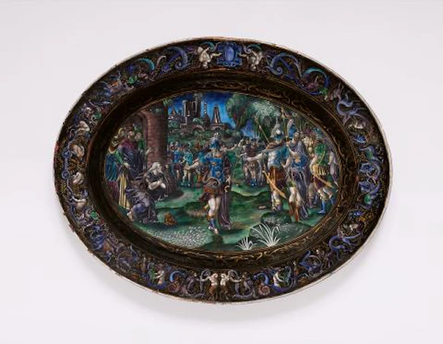 A large opulent enamelled dish with an Old Testament scene