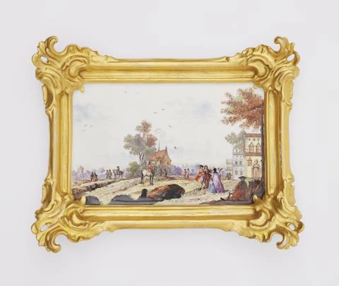 A rare Meissen porcelain painting with figures in a landscape