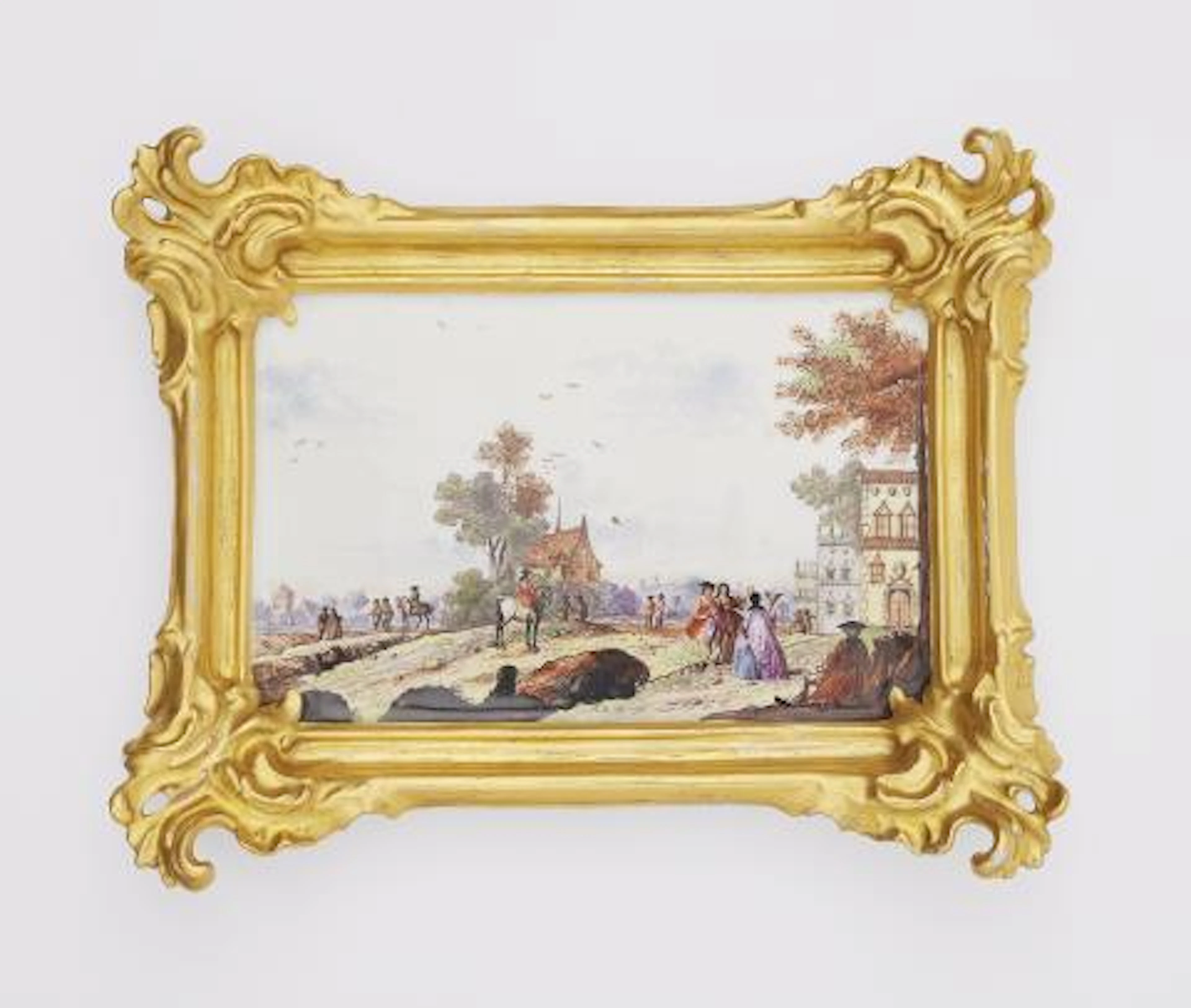 A rare Meissen porcelain painting with figures in a landscape