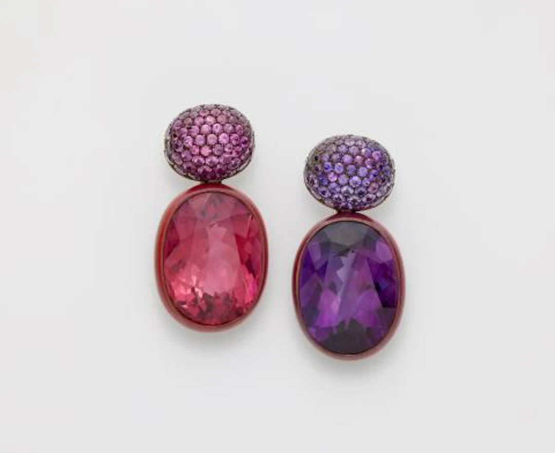 A pair of 18k gold and sapphire clip earrings with large fine rubellite