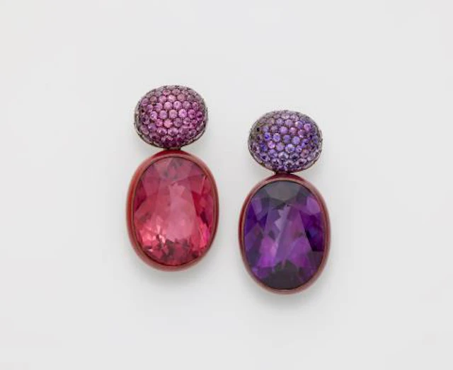 A pair of 18k gold and sapphire clip earrings with large fine rubellite