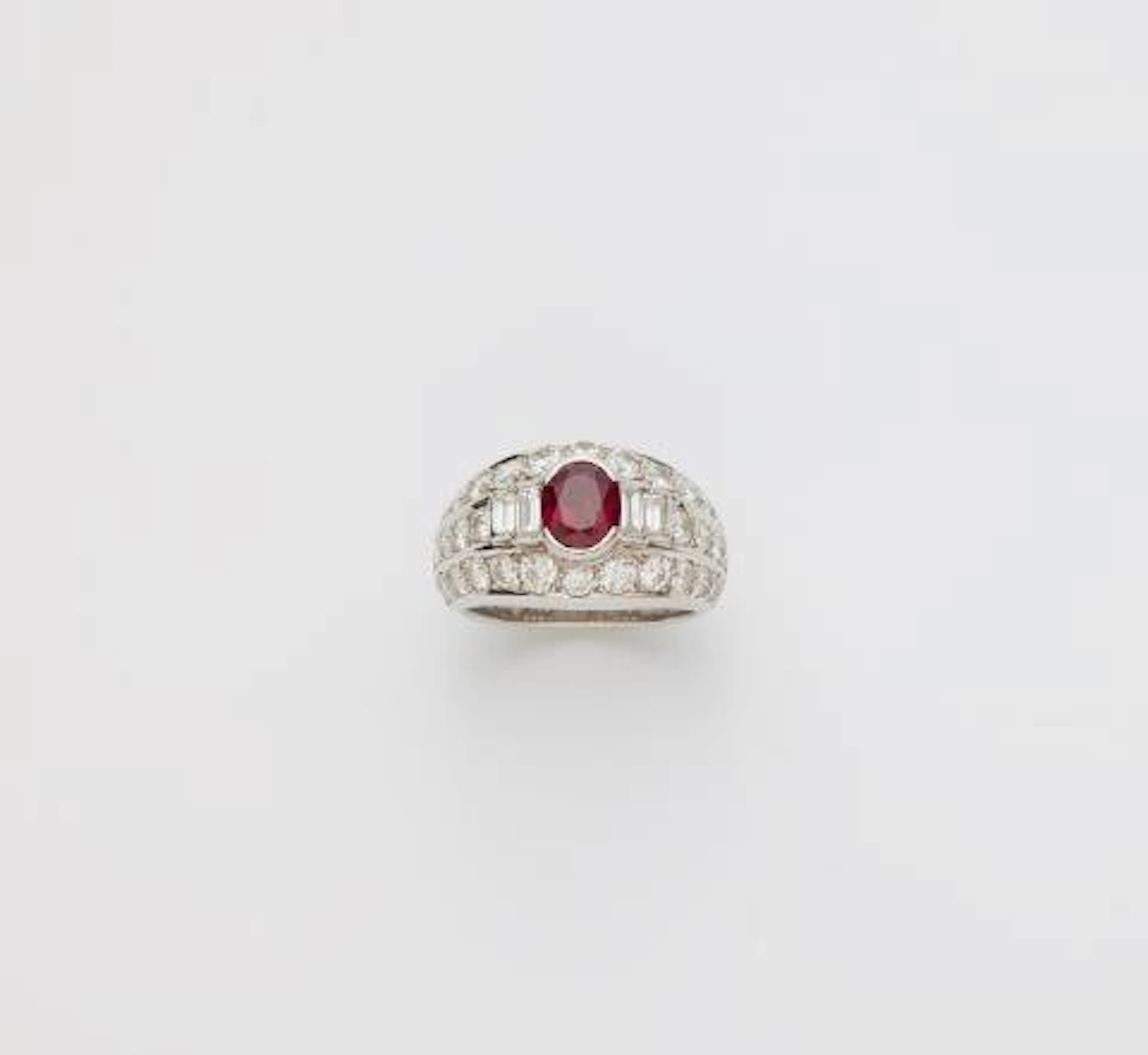 A French 18k yellow gold diamond and ruby band ring, subsequently