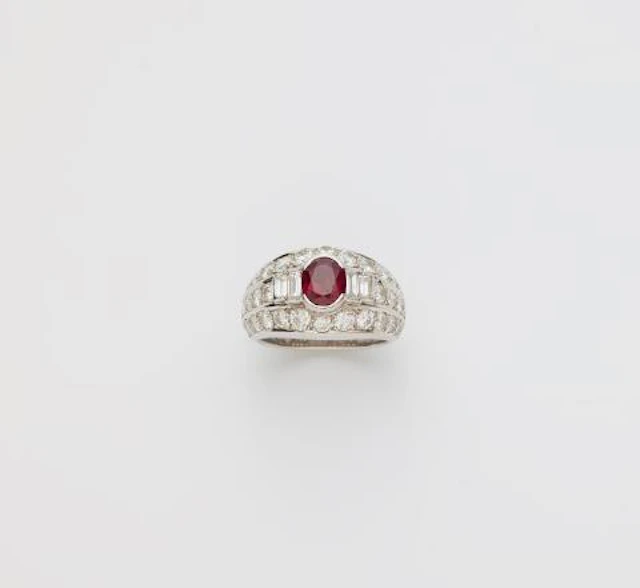 A French 18k yellow gold diamond and ruby band ring, subsequently