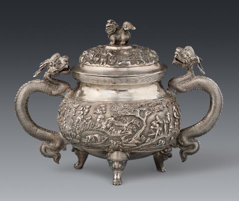 A large silver lidded sugar bowl. Vietnam. Around 1900