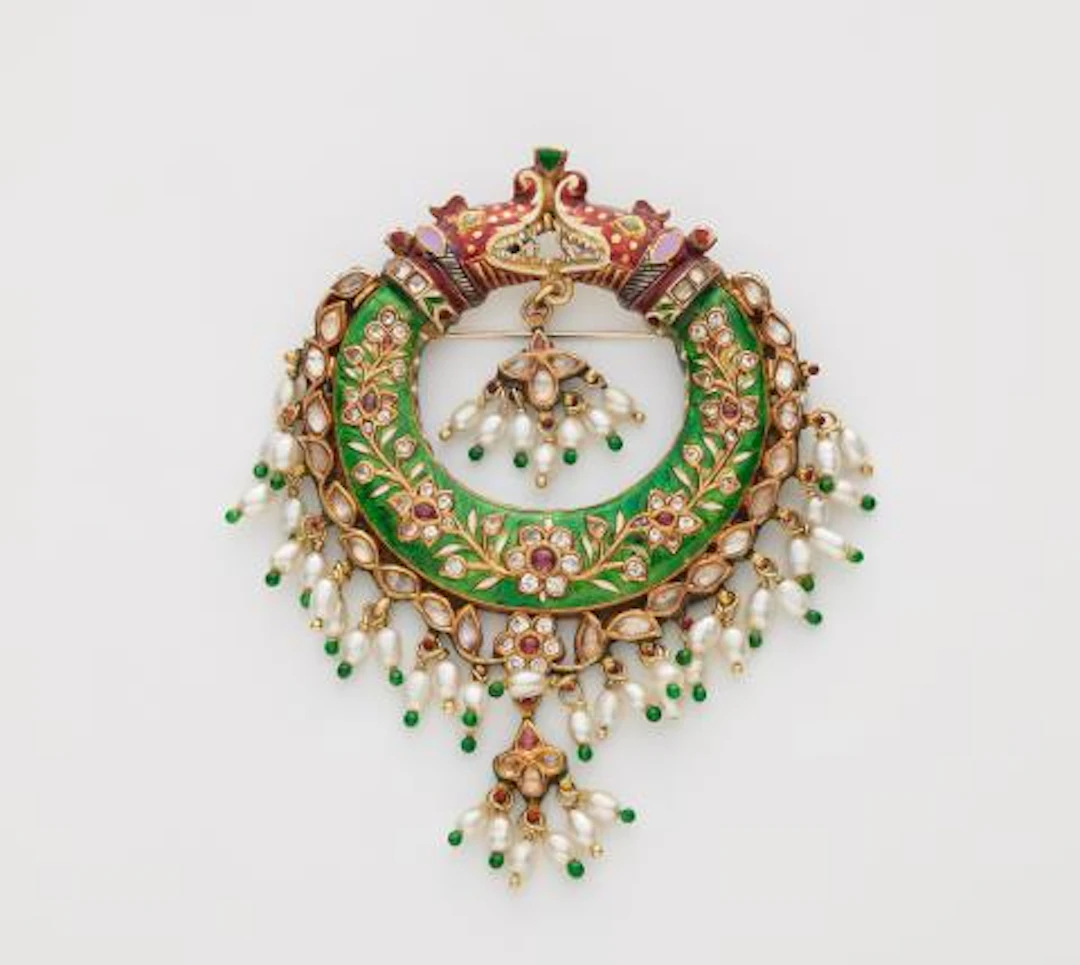 An Indian 18k gold polychrome enamel colourless stone and ruby Kundan