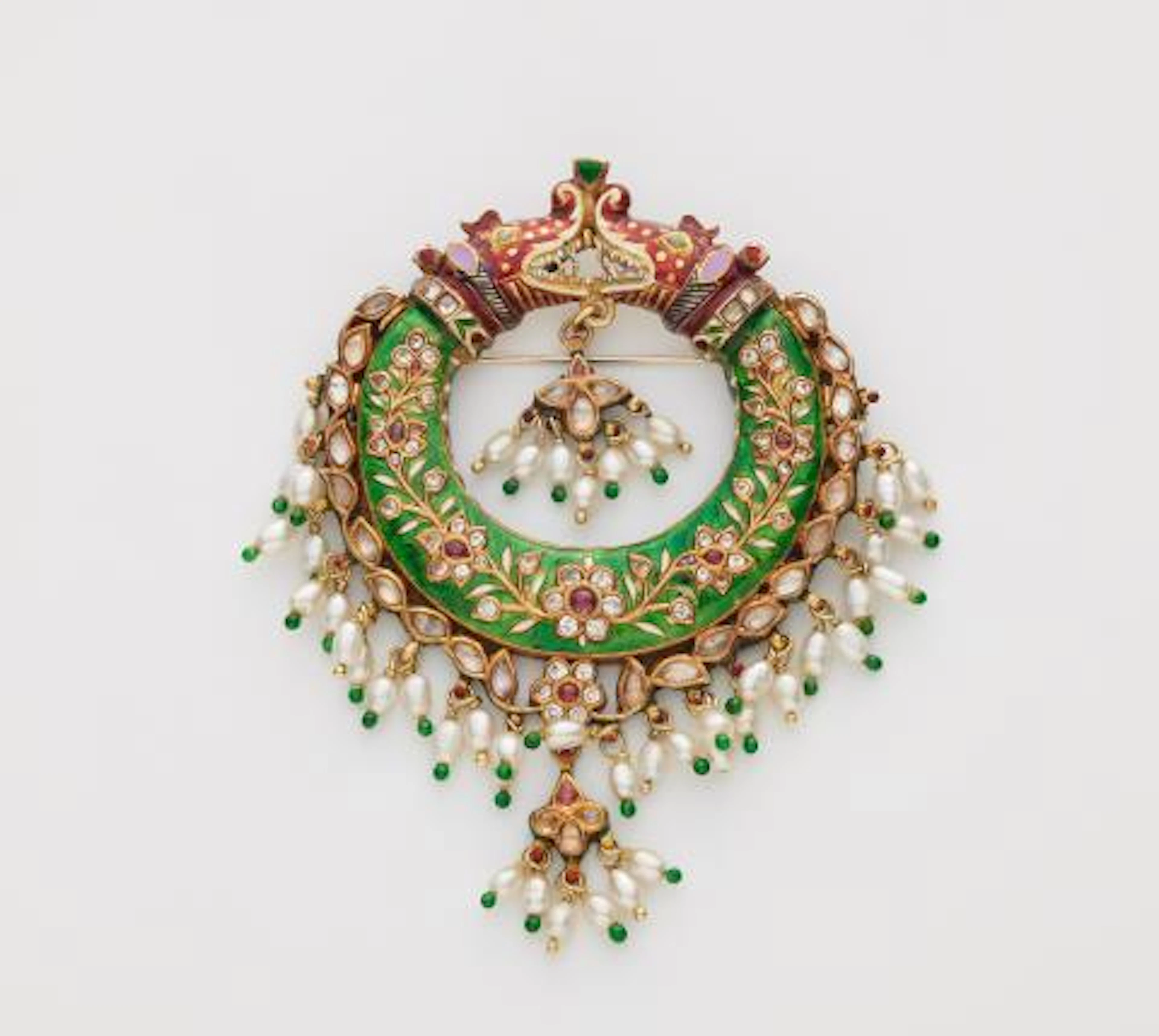 An Indian 18k gold polychrome enamel colourless stone and ruby Kundan