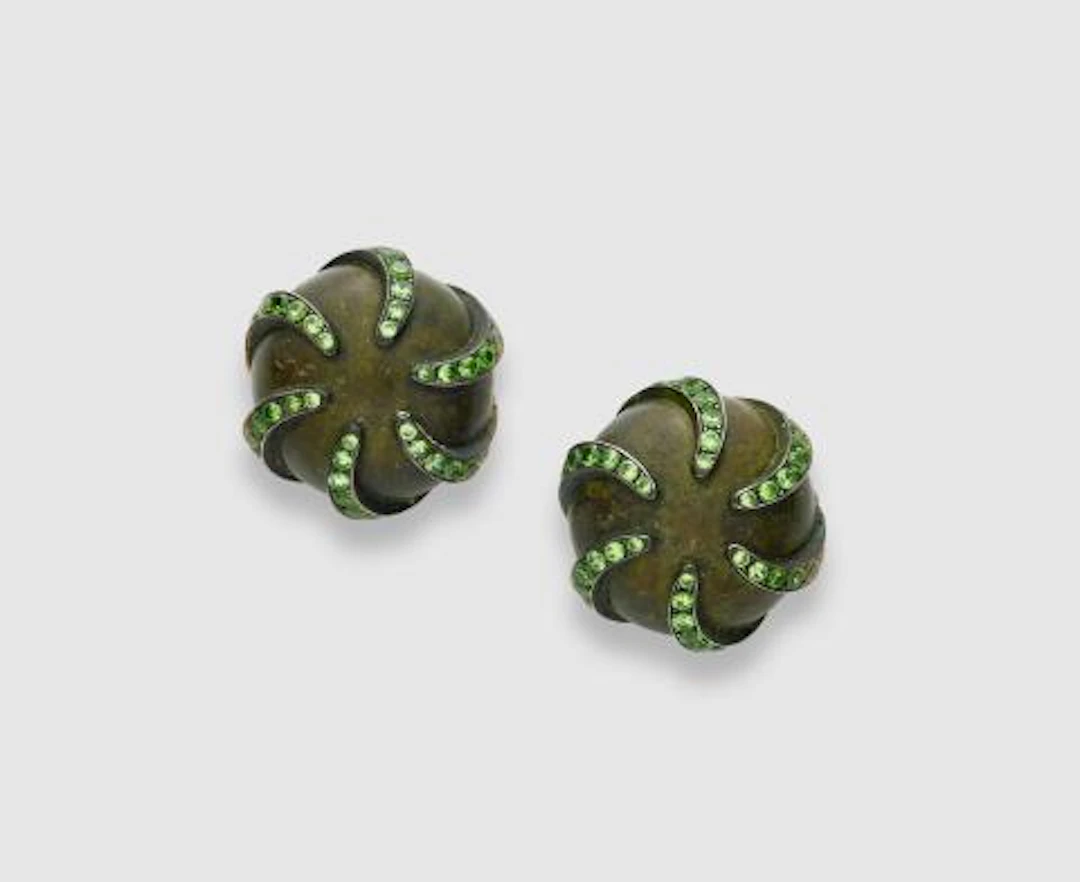 A pair of custom made green patinated Sterling silver 18k gold and
