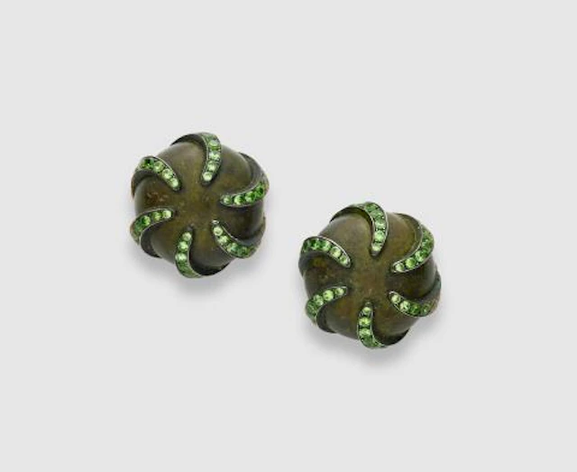 A pair of custom made green patinated Sterling silver 18k gold and