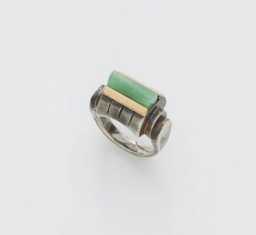 A French 18k gold plated silver and jade Art Déco ring.