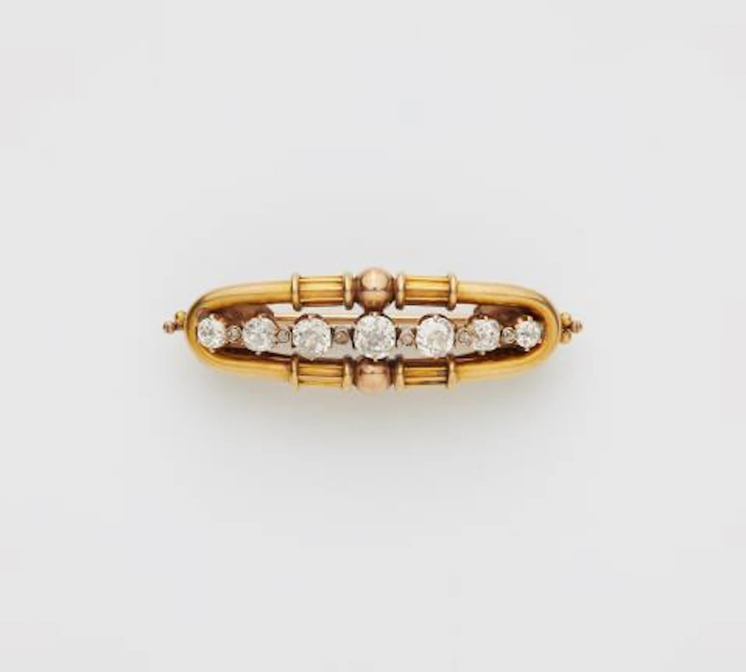 A convertible Russian 12k yellow gold and diamond bar brooch. The