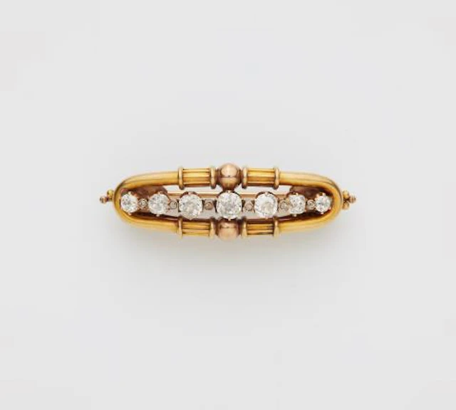 A convertible Russian 12k yellow gold and diamond bar brooch. The