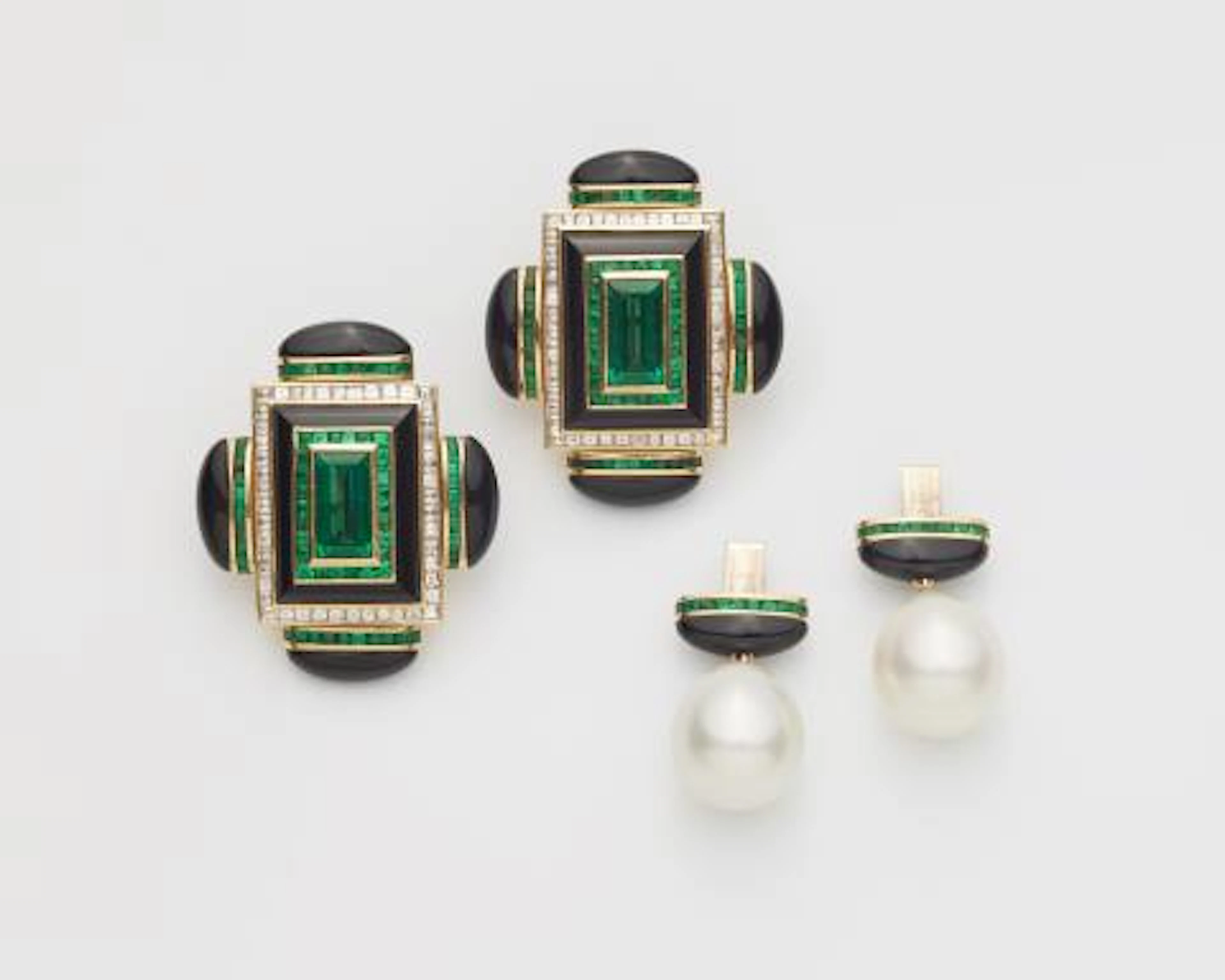 A pair of Swiss 18k yellow gold emerald, onyx and diamond interchangeable