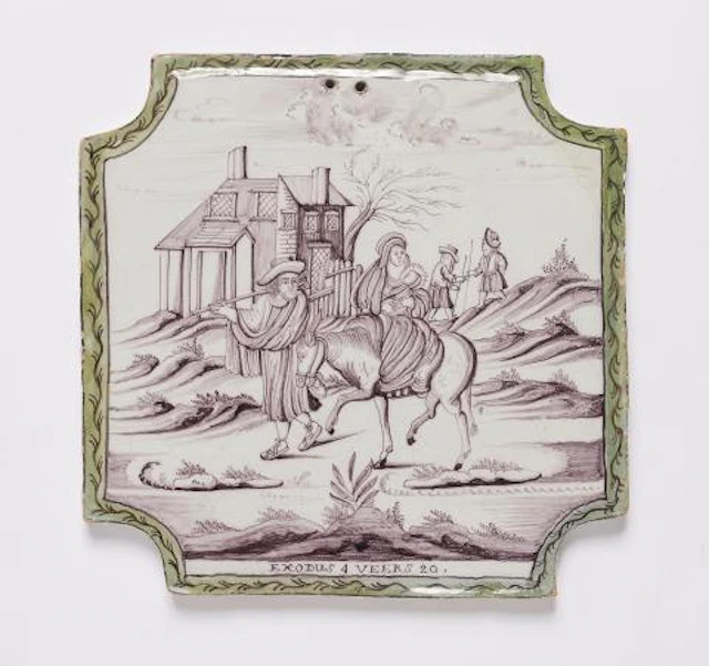 A large Dutch faience tile with the Flight to Egypt