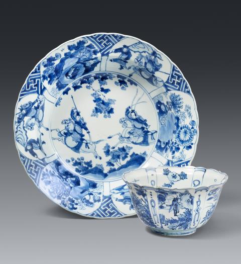 A blue and white bowl and a deep plate. 17th/18th century