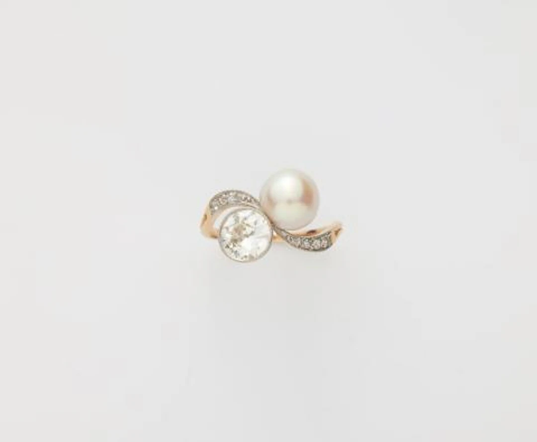 A 14k gold bouton pearl and European old-cut diamond Belle Epoque