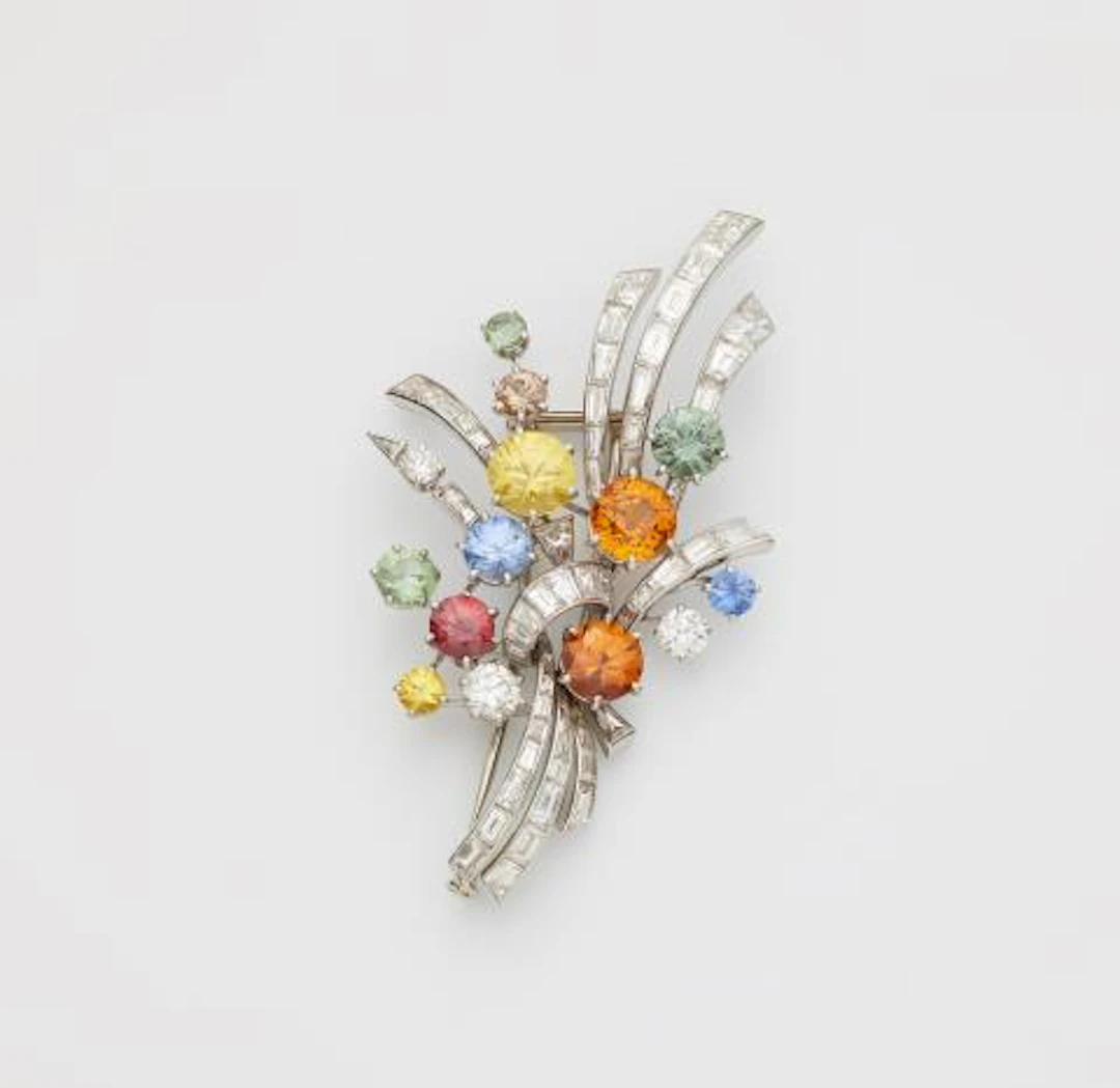 A French platinum 18k white gold diamond and coloured sapphire Retro