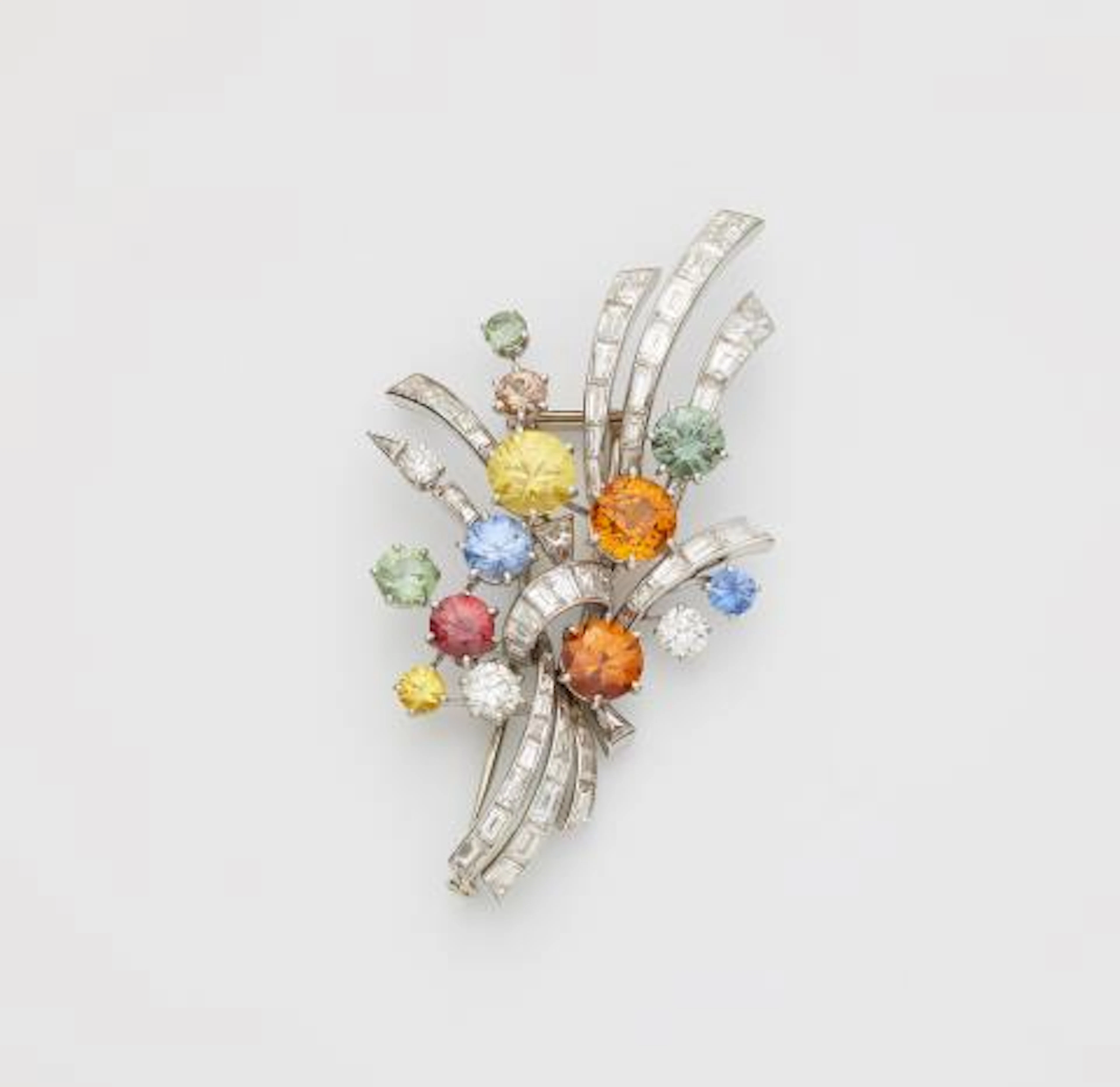 A French platinum 18k white gold diamond and coloured sapphire Retro