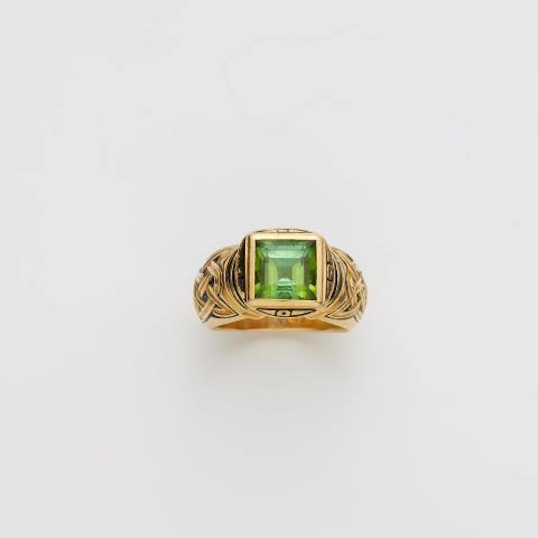 A German 18k yellow gold black enamel and carré-cut tourmaline ring.