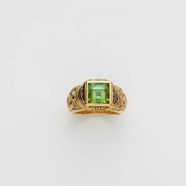A German 18k yellow gold black enamel and carré-cut tourmaline ring.