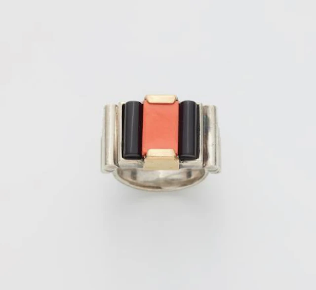 A French gold plated silver onyx and Mediterranian coral Art Déco Ring.