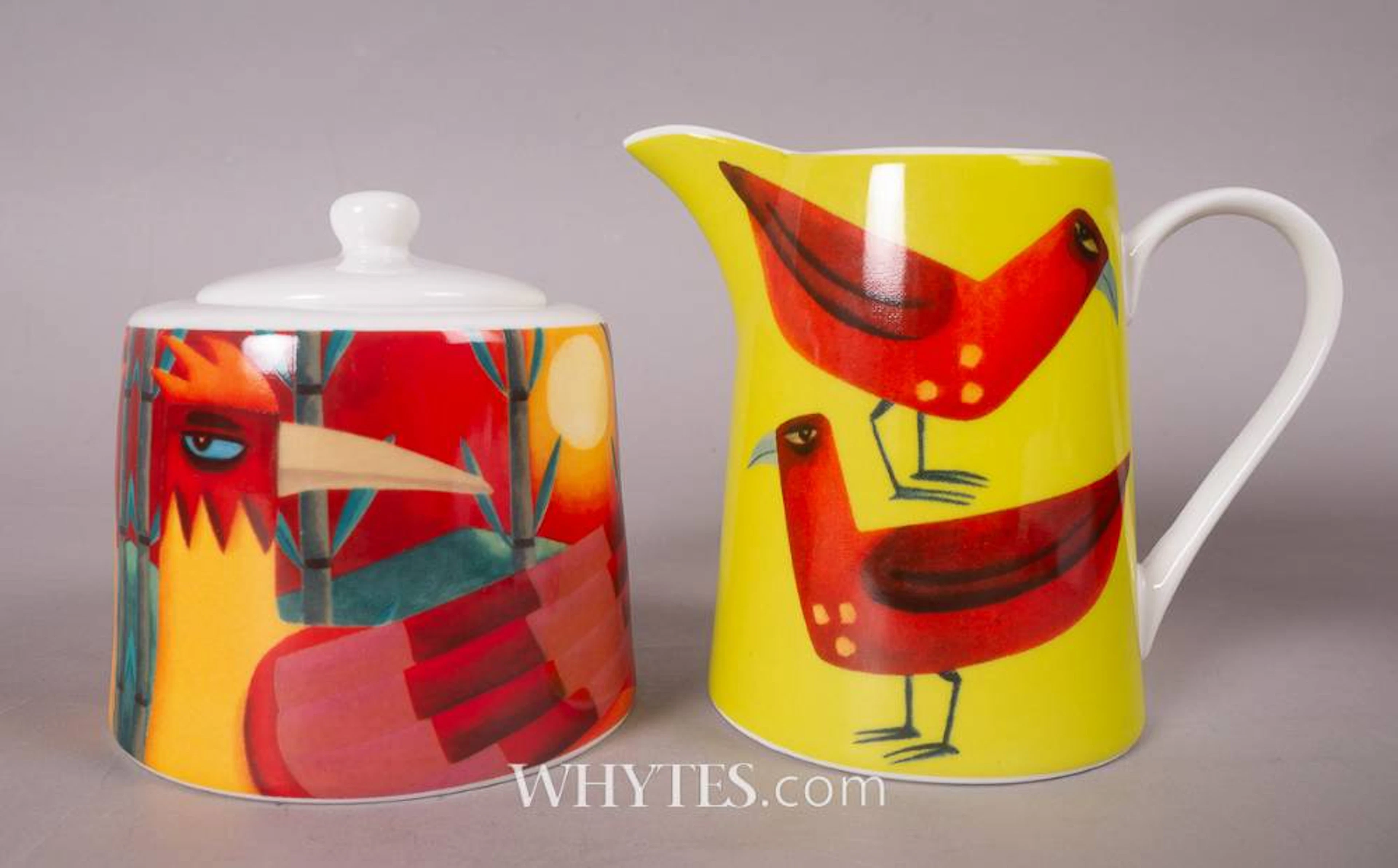 BIRD OF PARADISE & TWO BIRDS, CREAMER AND SUGAR BOWL SET (A PAIR)