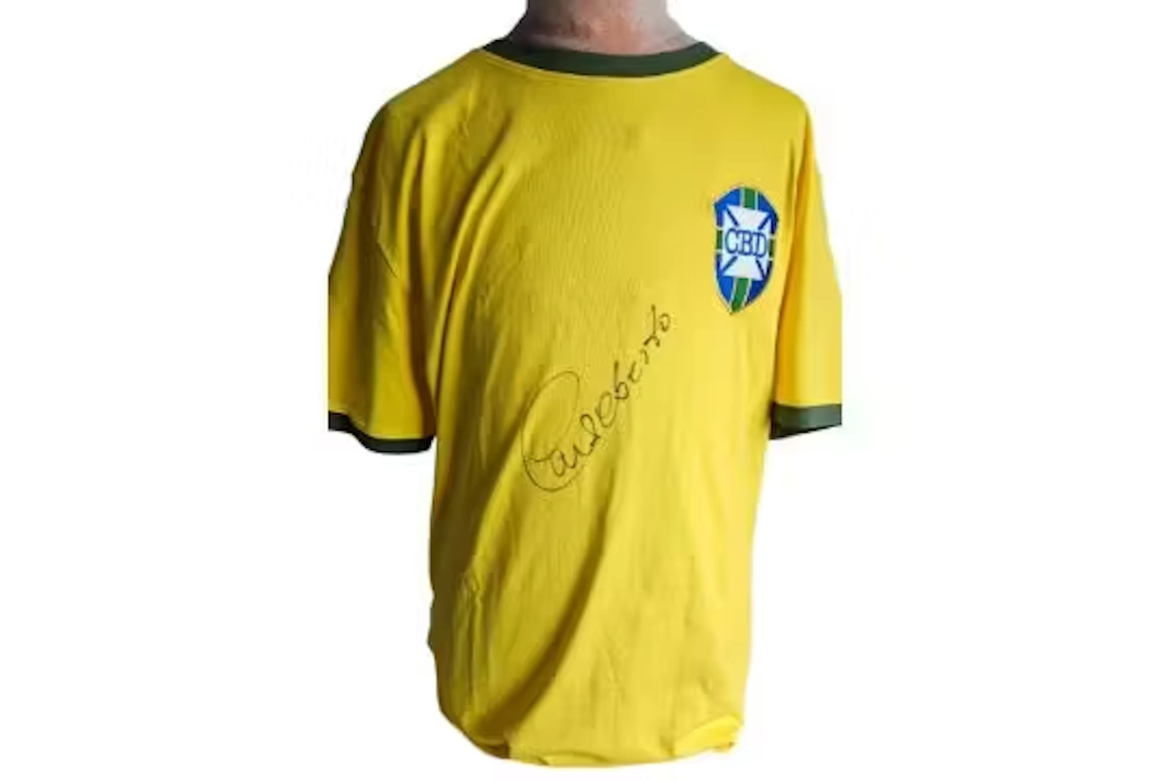 Carlos Alberto signed replica retro 1970 Brazil shirt. Size large.