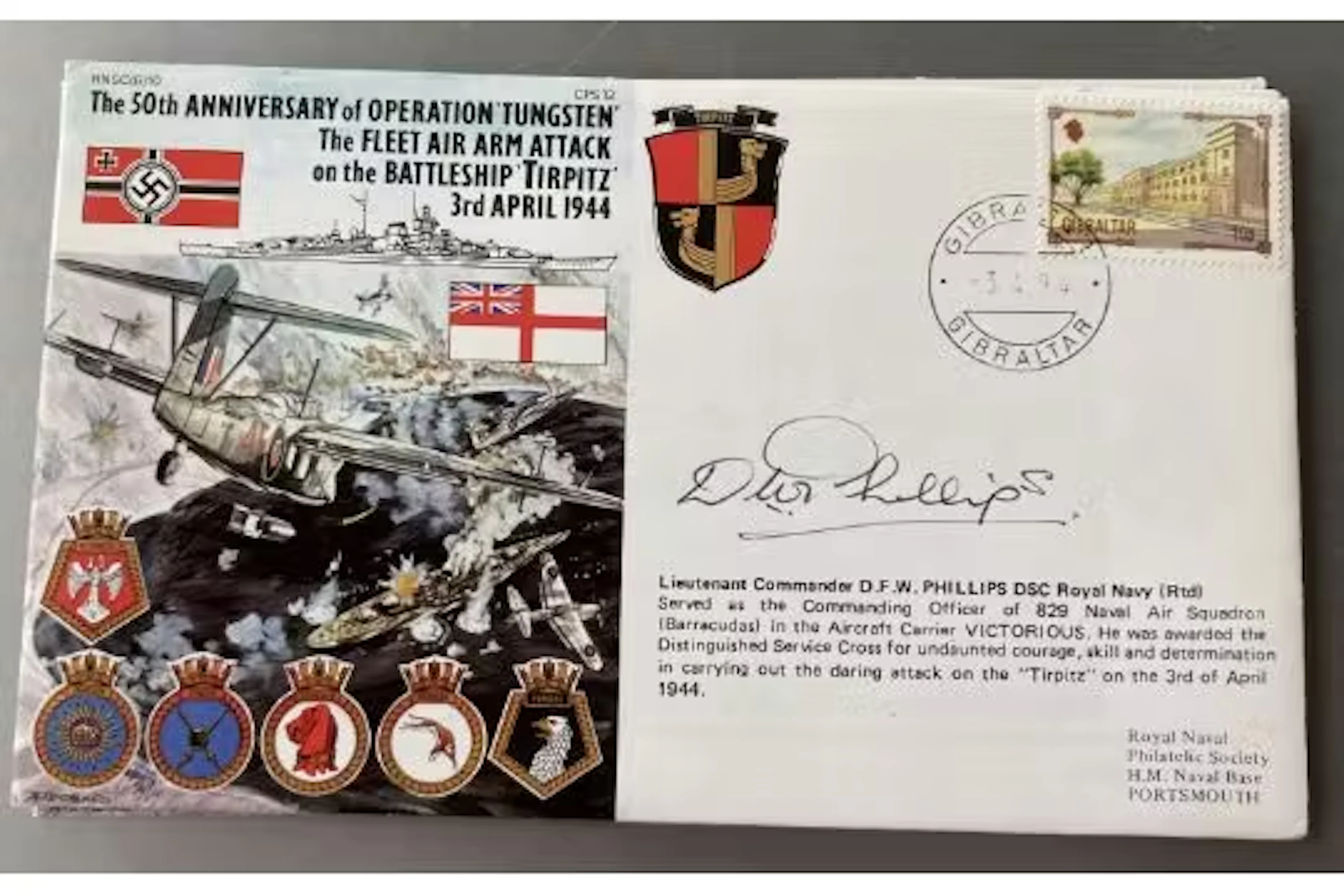 WW2 FAA Attack on Battleship Tirpitz FDC Signed by Lt Cdr Phillips