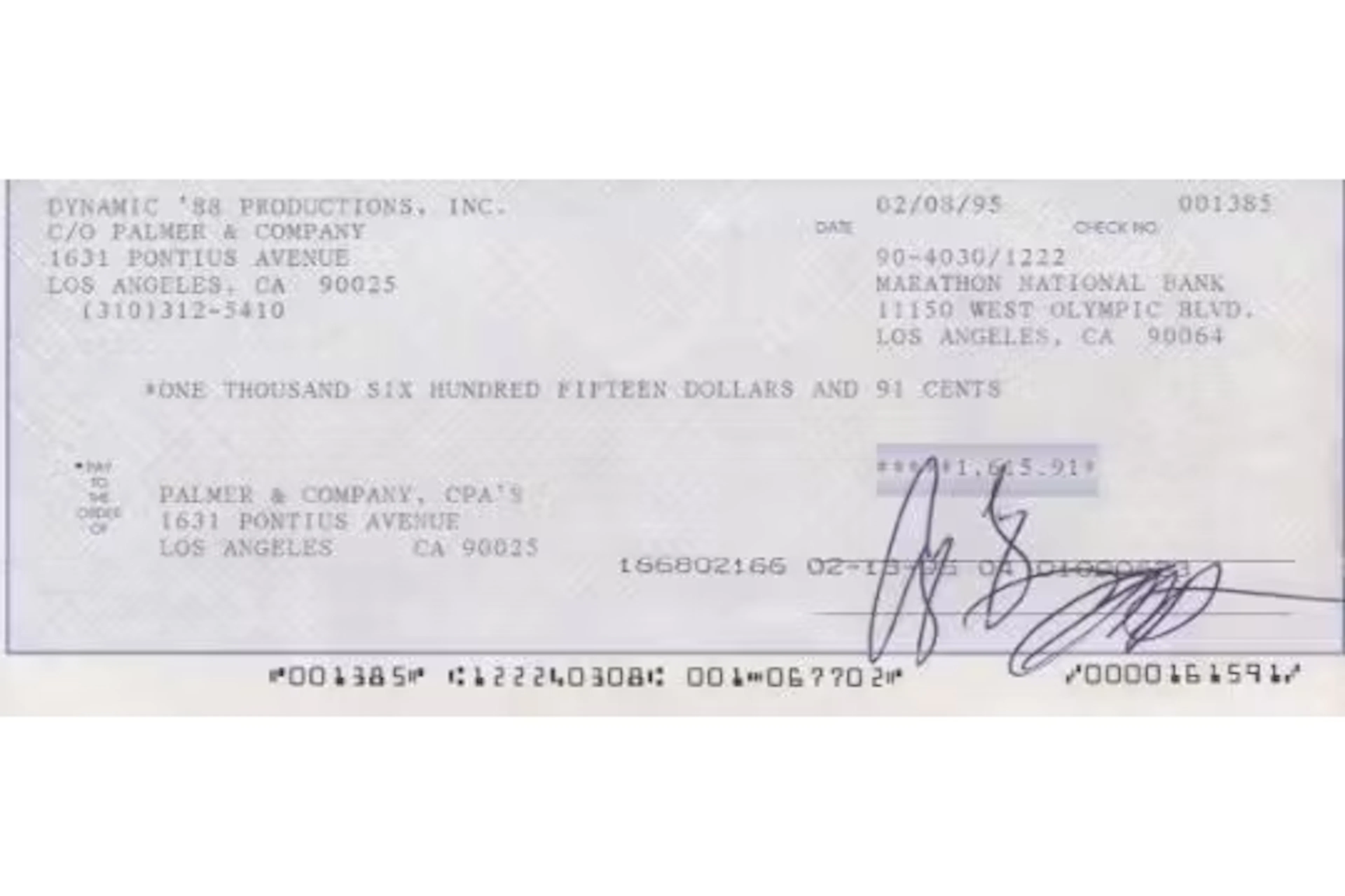 George Clooney signed Marathon National Bank Los Angeles cheque dated