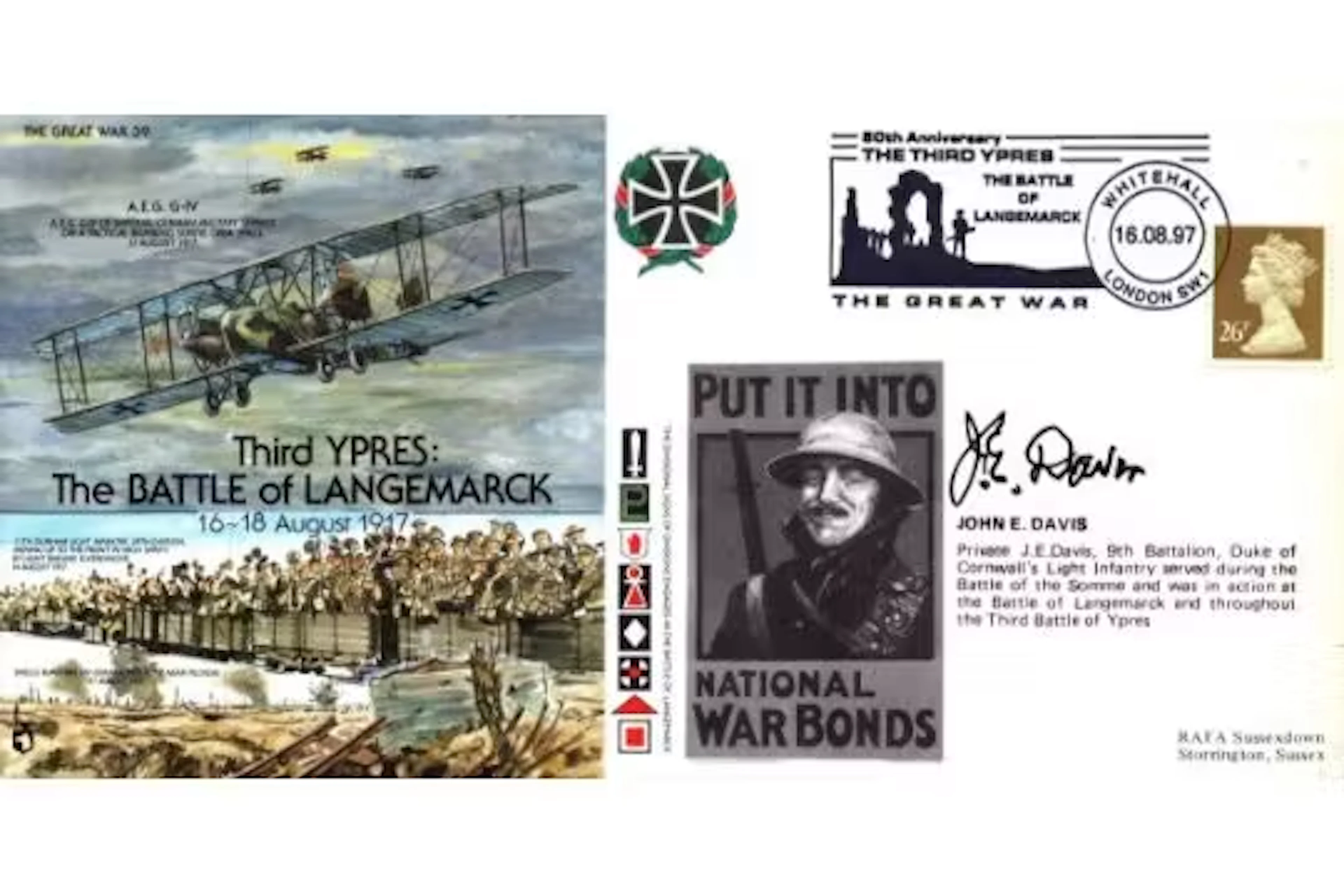 WW1 JOHN E. DAVIS SIGNED FDC, THE GREAT WAR 39, THIRD YPRES THE BATTLE