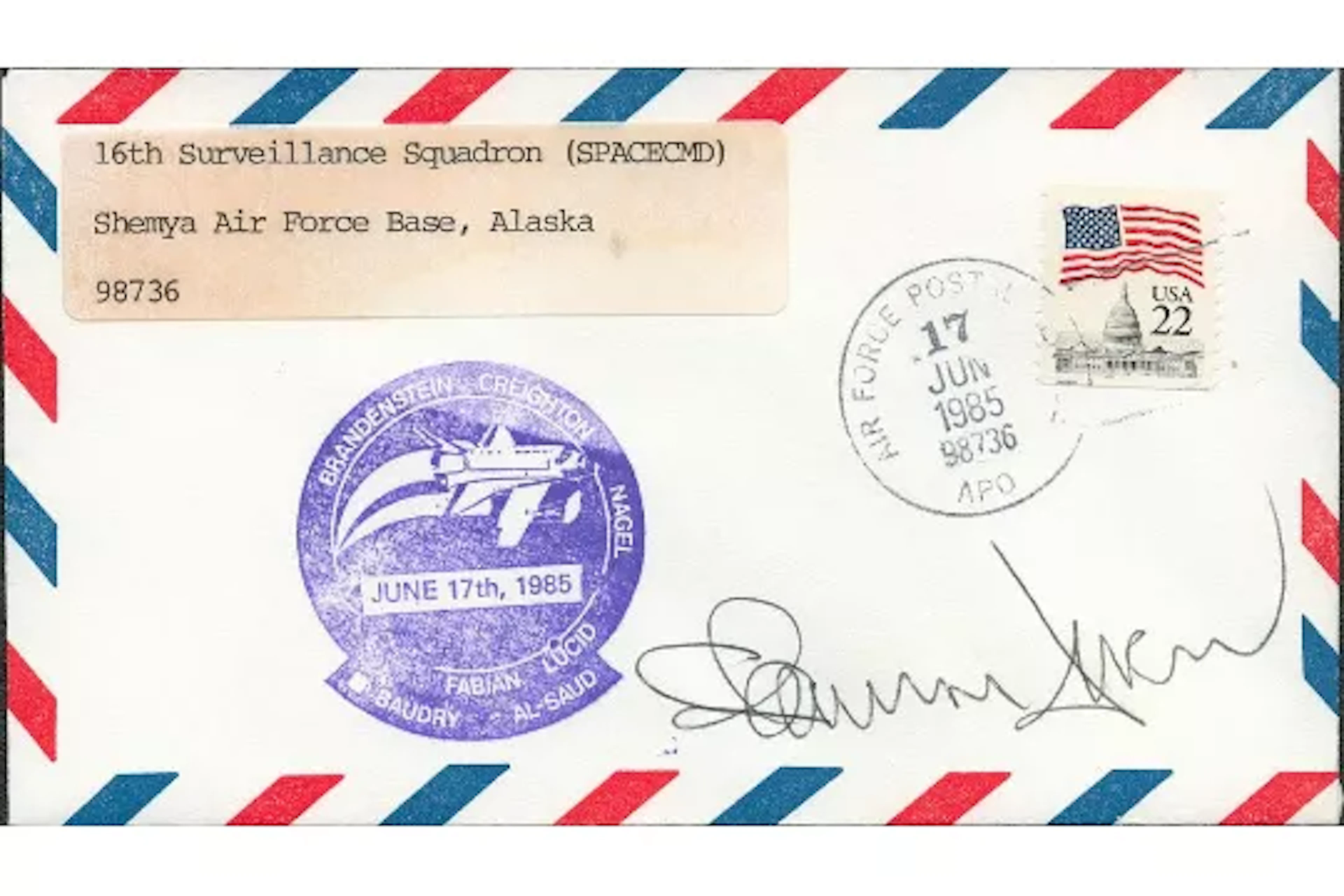 Astronaut Shannon Lucid signed 16th Surveillance Squadron (SPACEMD)
