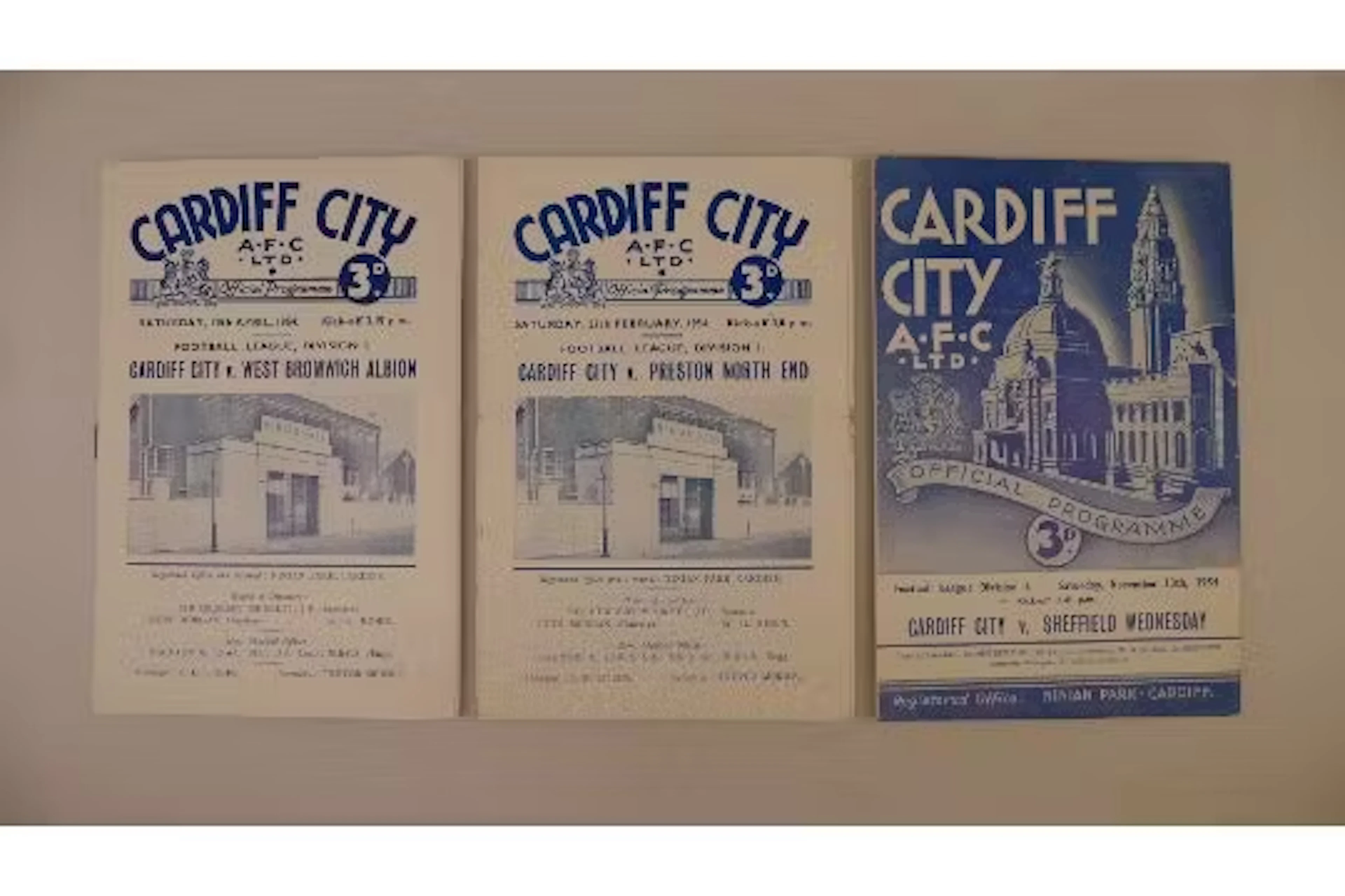 3 x Cardiff City 1954 football programmes, Vs Preston North End Feb