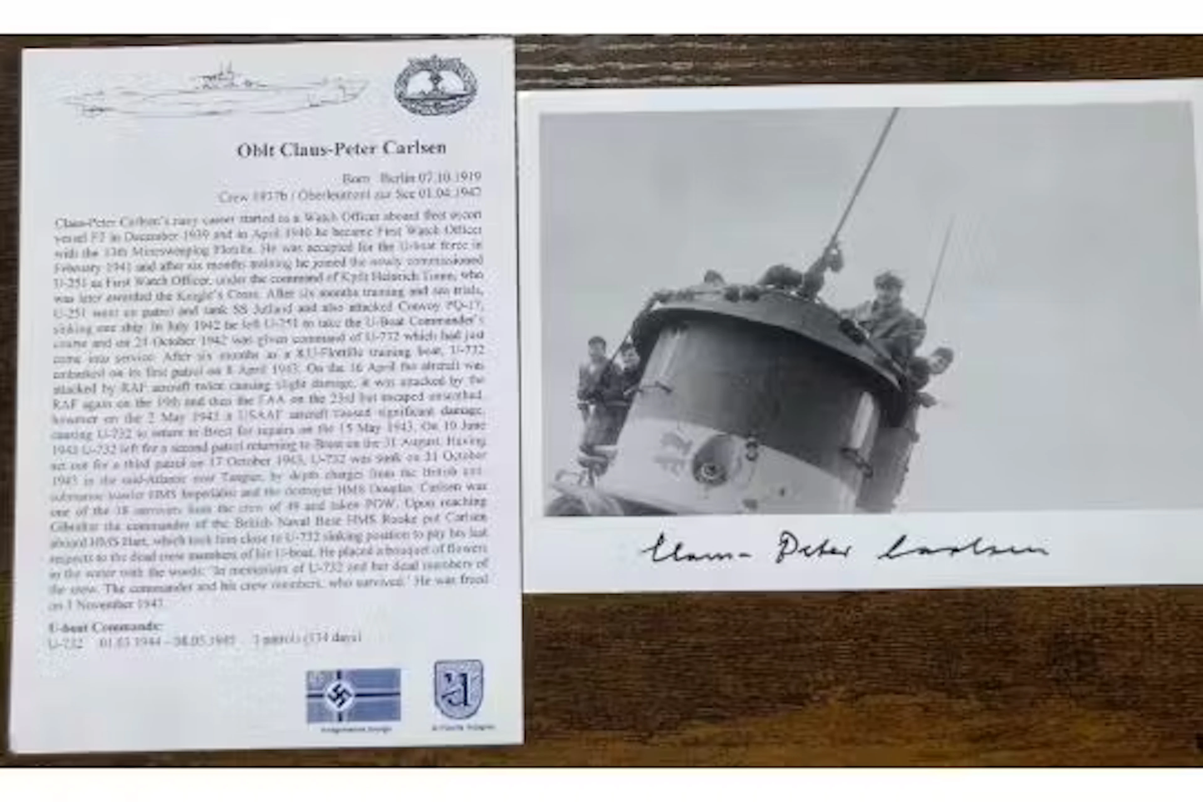 WW2 Oblt Claus-Peter Carlsen U-Boat commander signed photo SP(UB)09