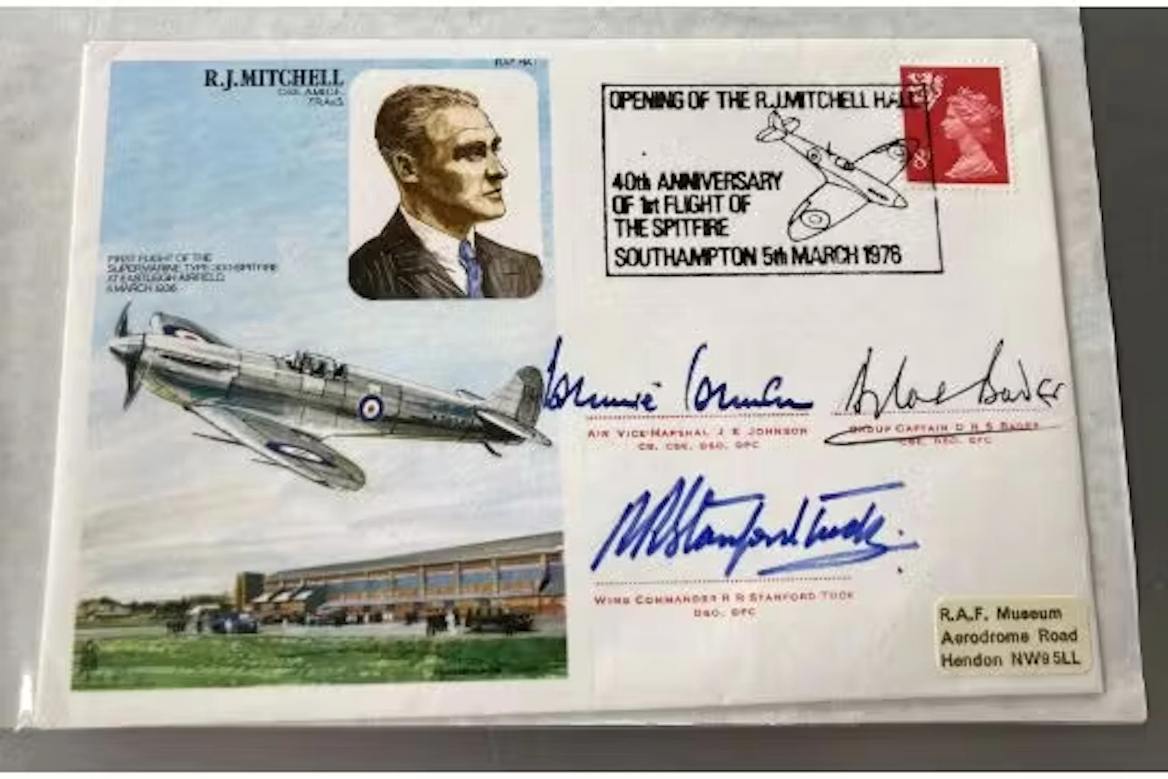 HA1d. R Mitchell Signed by 3 Spitfire Aces, J E Johnson, A Bader and