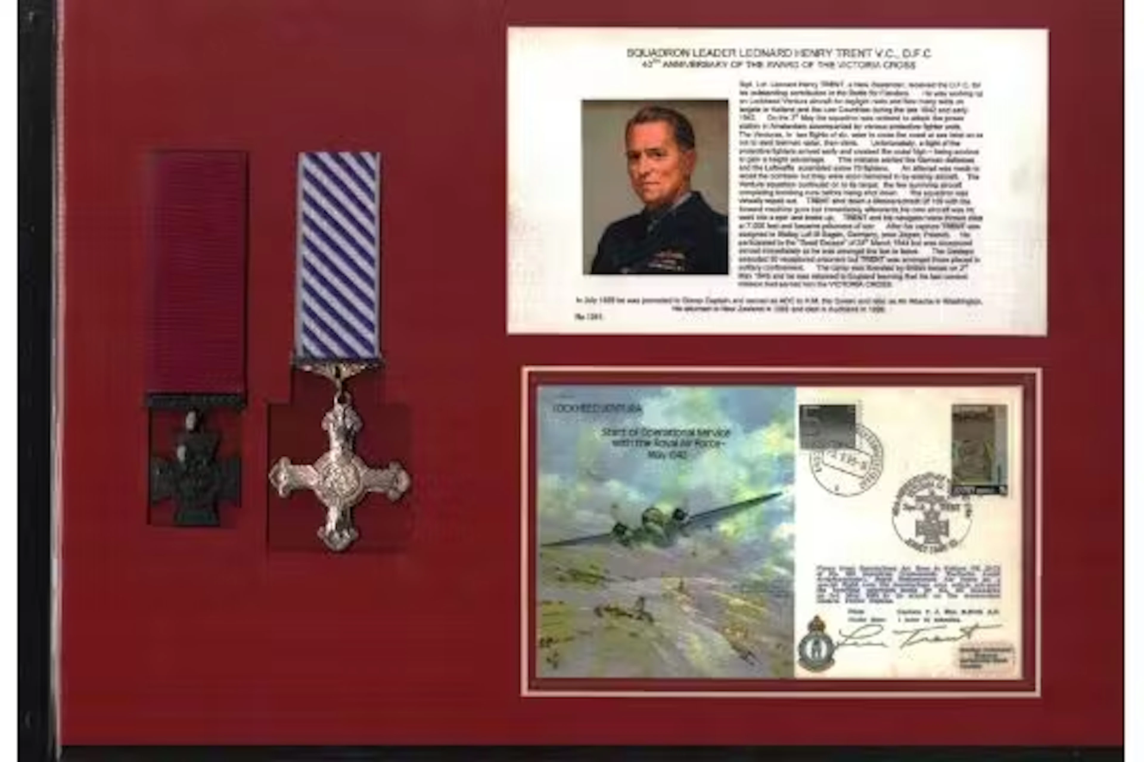 Squadron Leader Leonard Henry Trent V.C signed FDC, and medal display