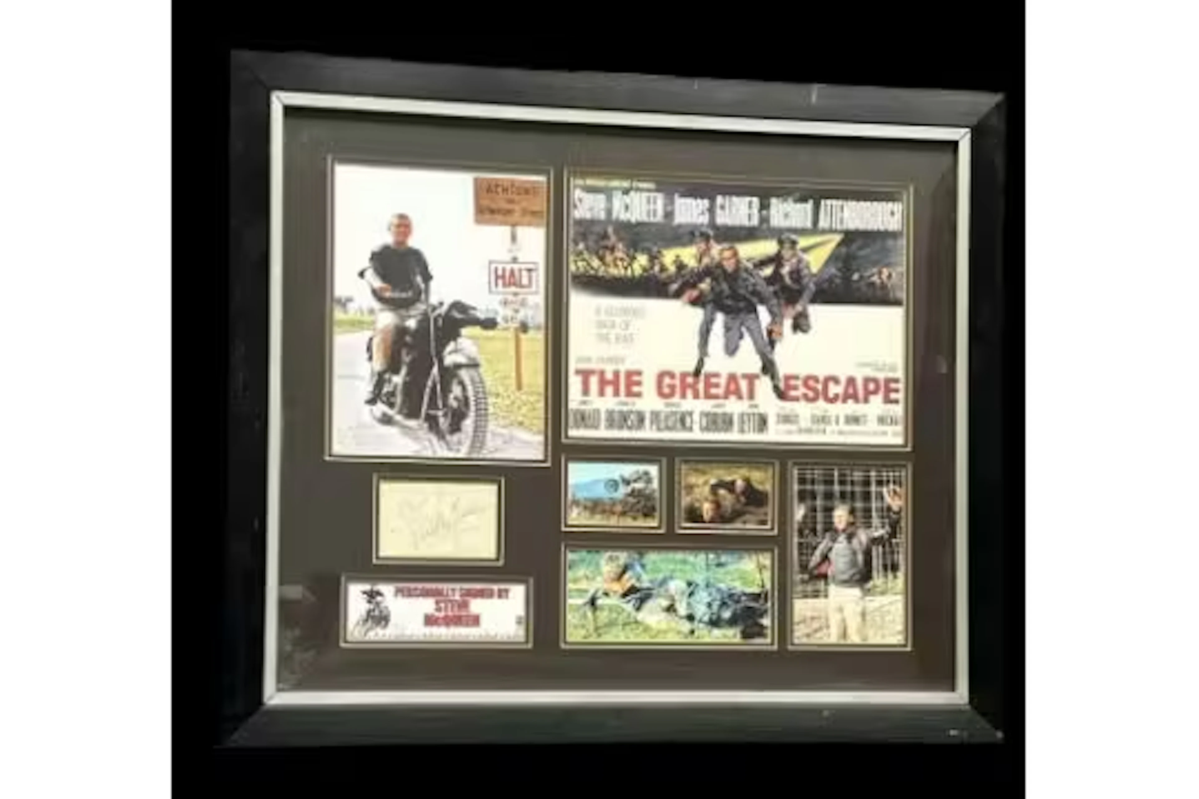 Steve McQueen signed signature piece on mounted The Great Escape Display.