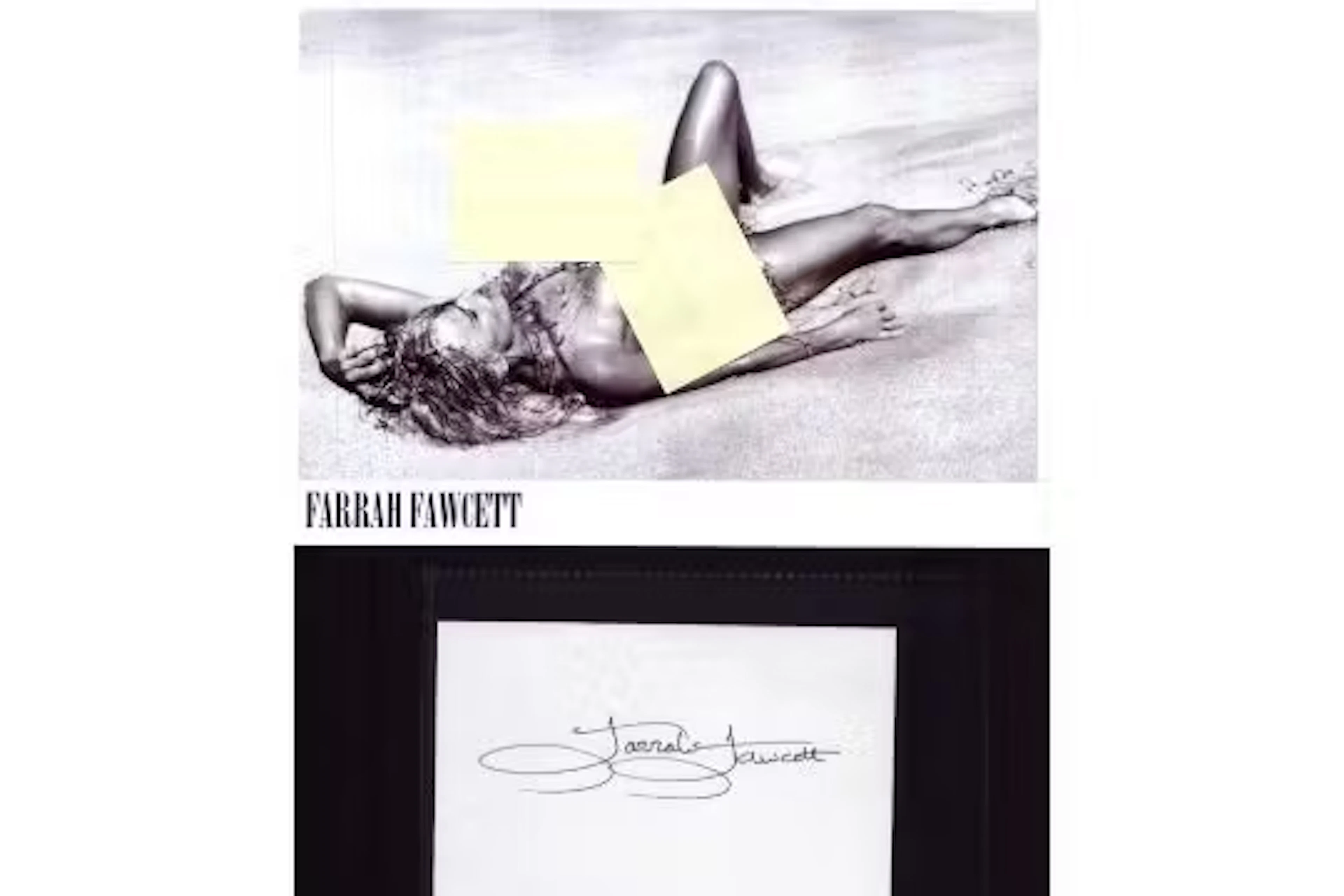 Farrah Fawcett signed white card with unsigned 8x6inich black and