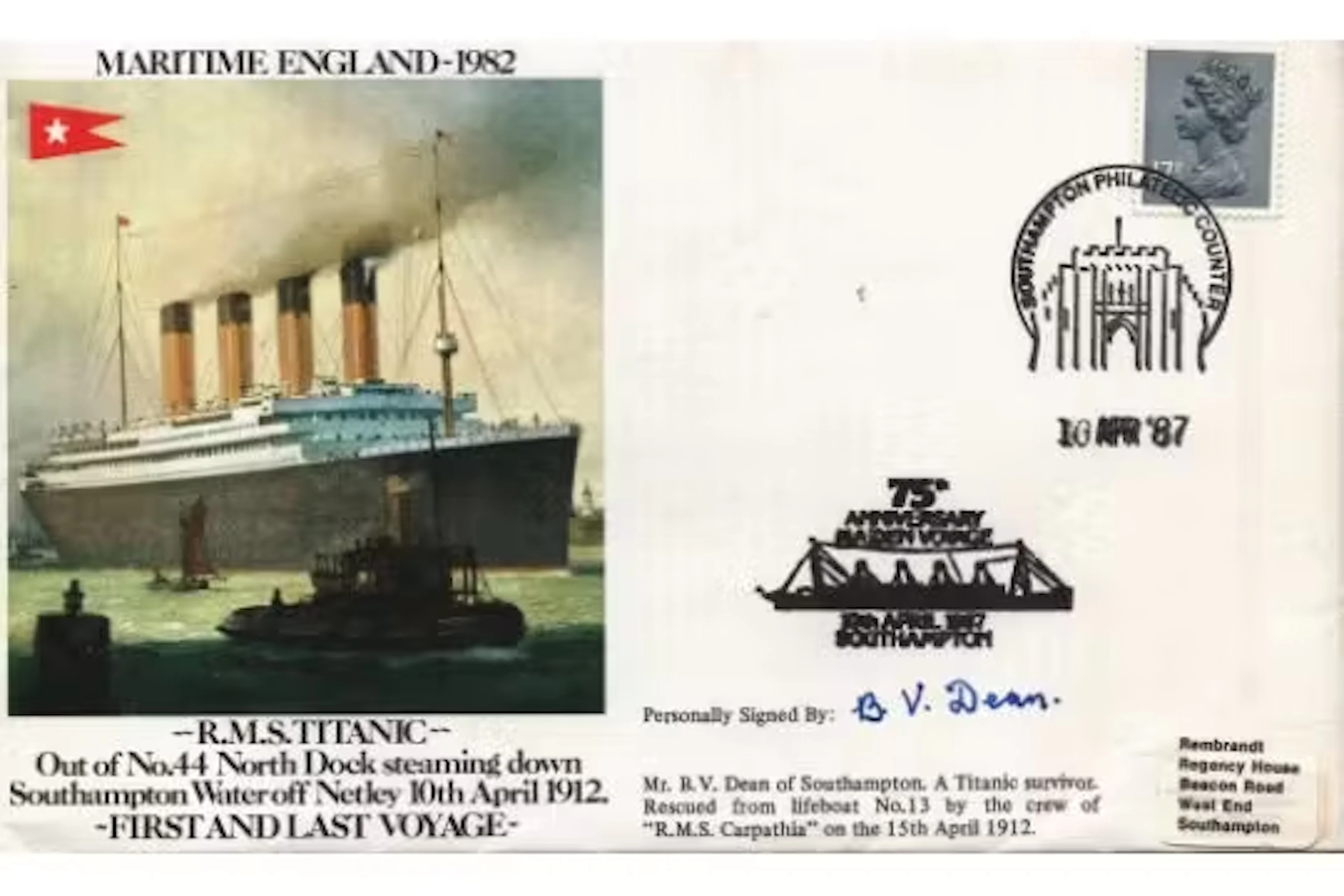 B.V. Dean signed Maritime England 1982 R.M.S Titanic Out of No.44