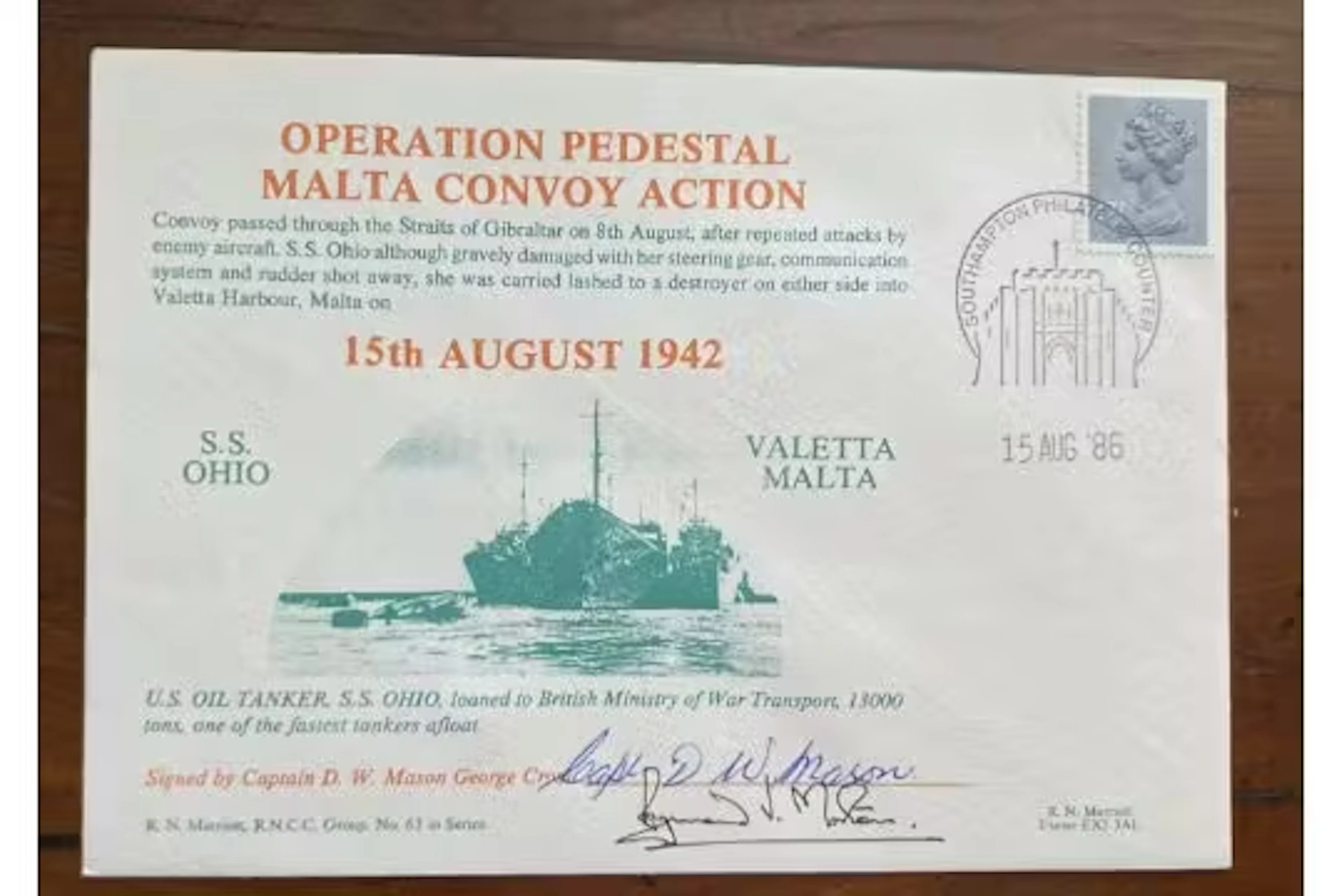 WW2 SS Ohio Capt D Mason GC signed Malta Convoys Navy cover RARE George