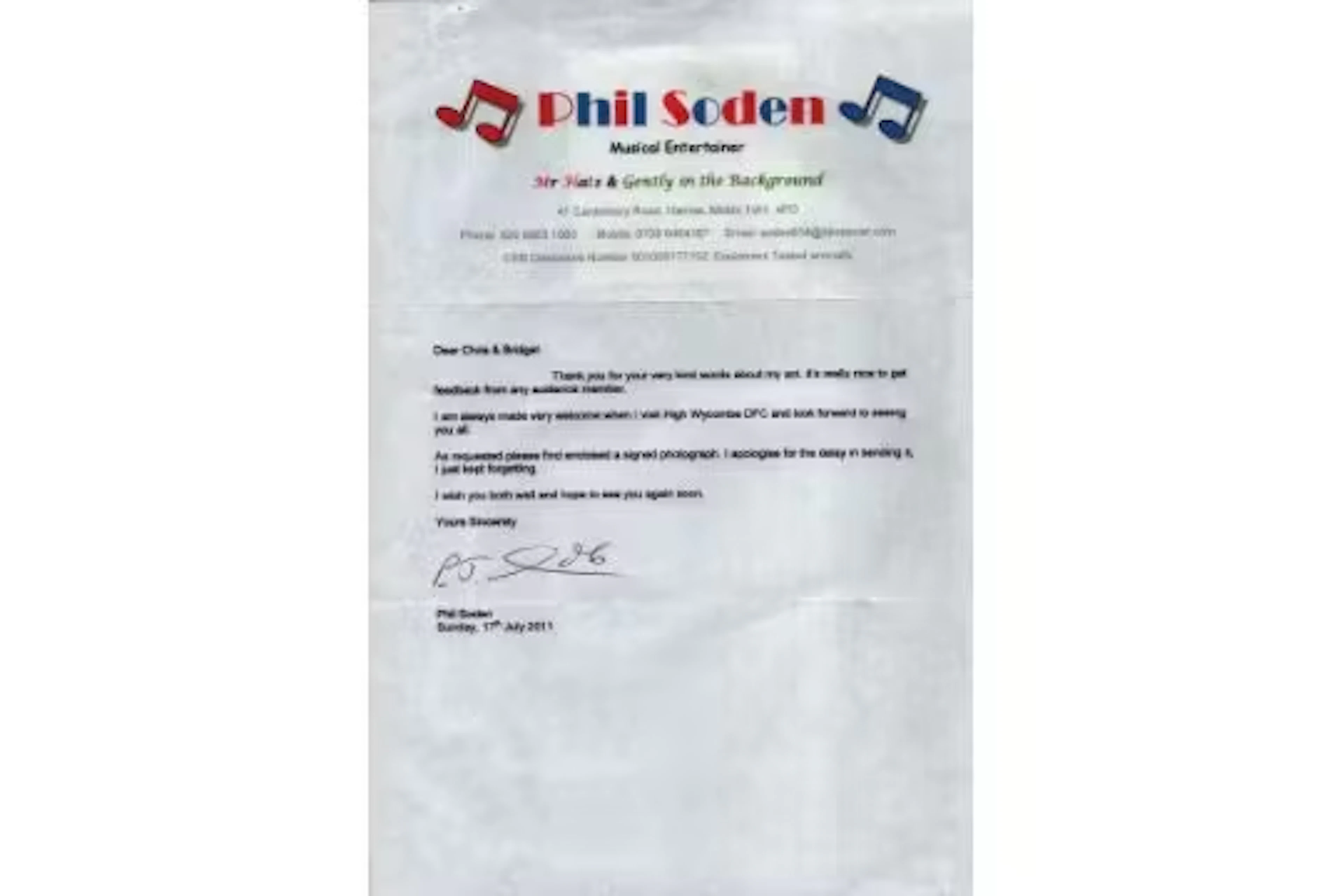 Phil Soden signed letter and signed colour photo as Mr Hats, photo