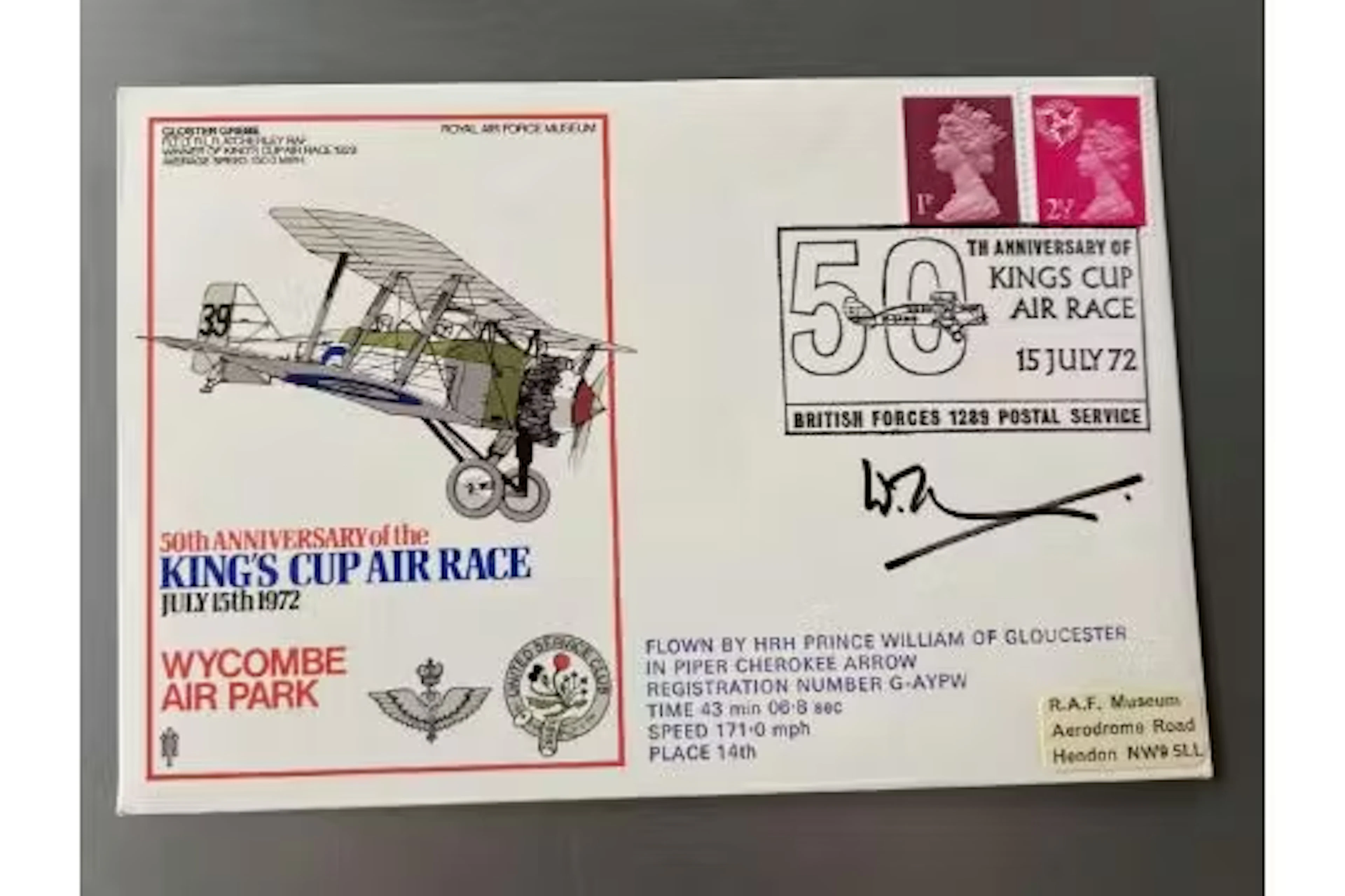 HRH Prince William of Gloucester signed 1972 Kings Cup Air Race cover