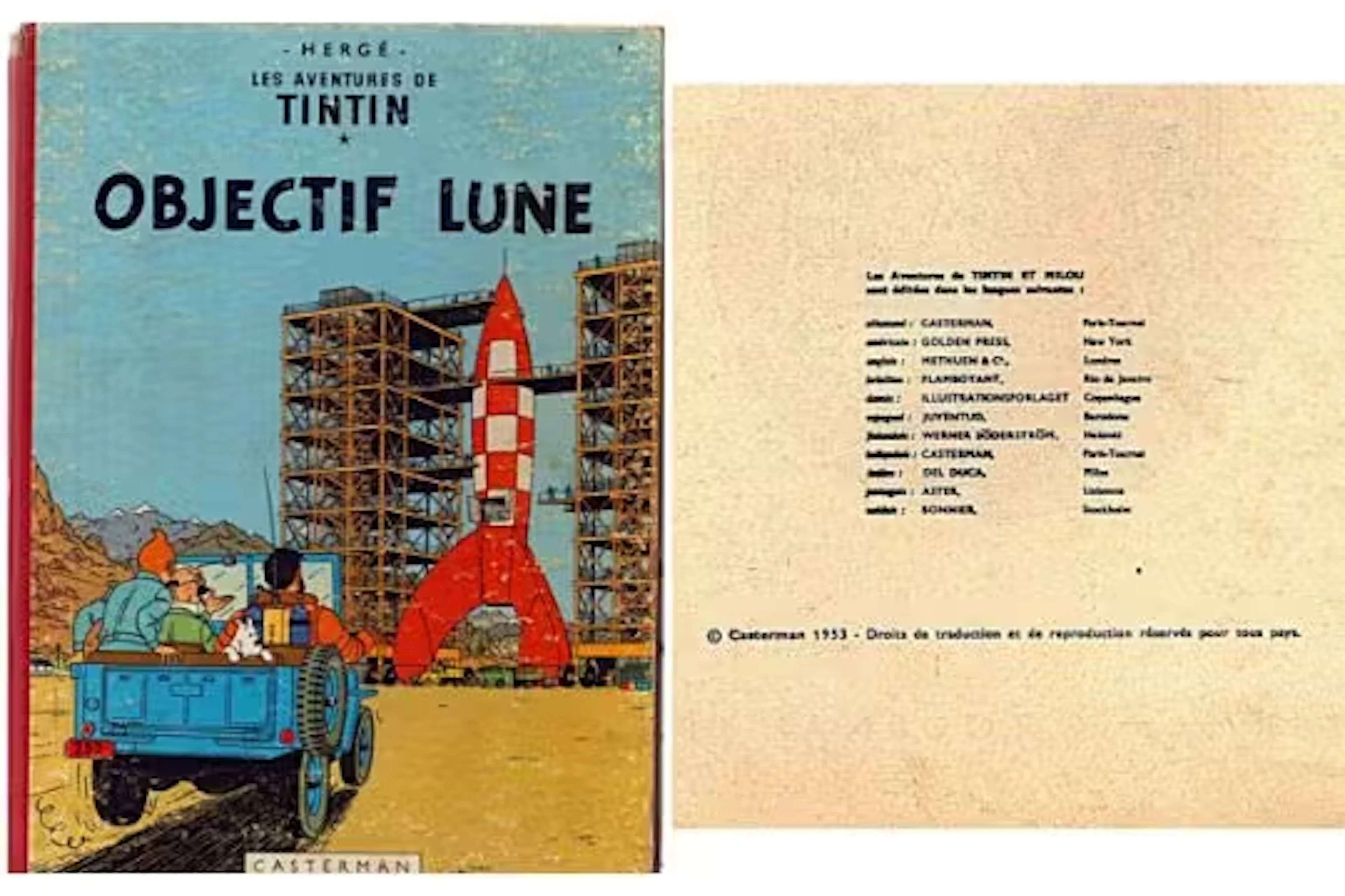 TinTin Herge French 1953 Object Lune Casterman hardback book.