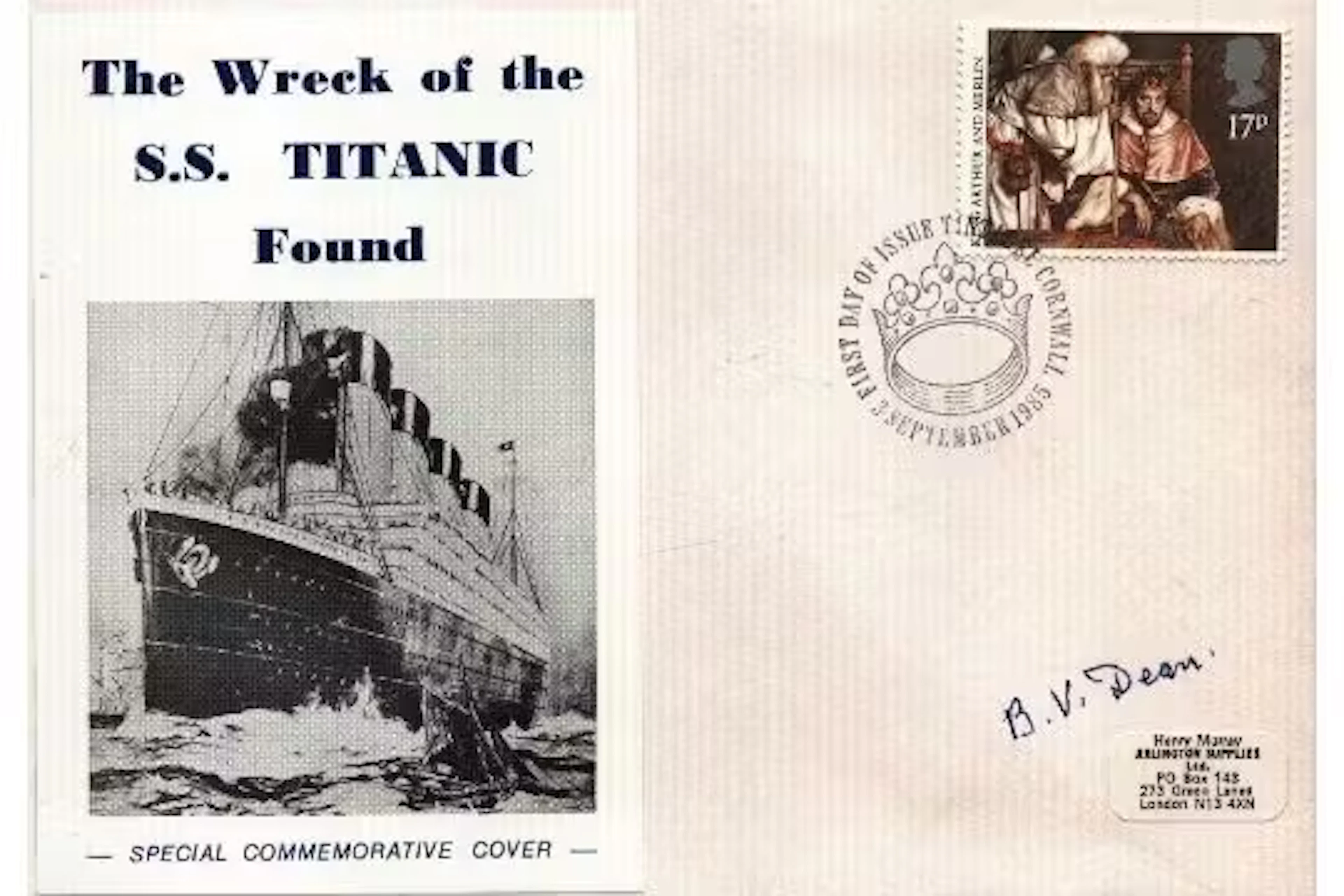B.V. Dean signed The Wreck of the S.S Titanic Found FDC PM First Day