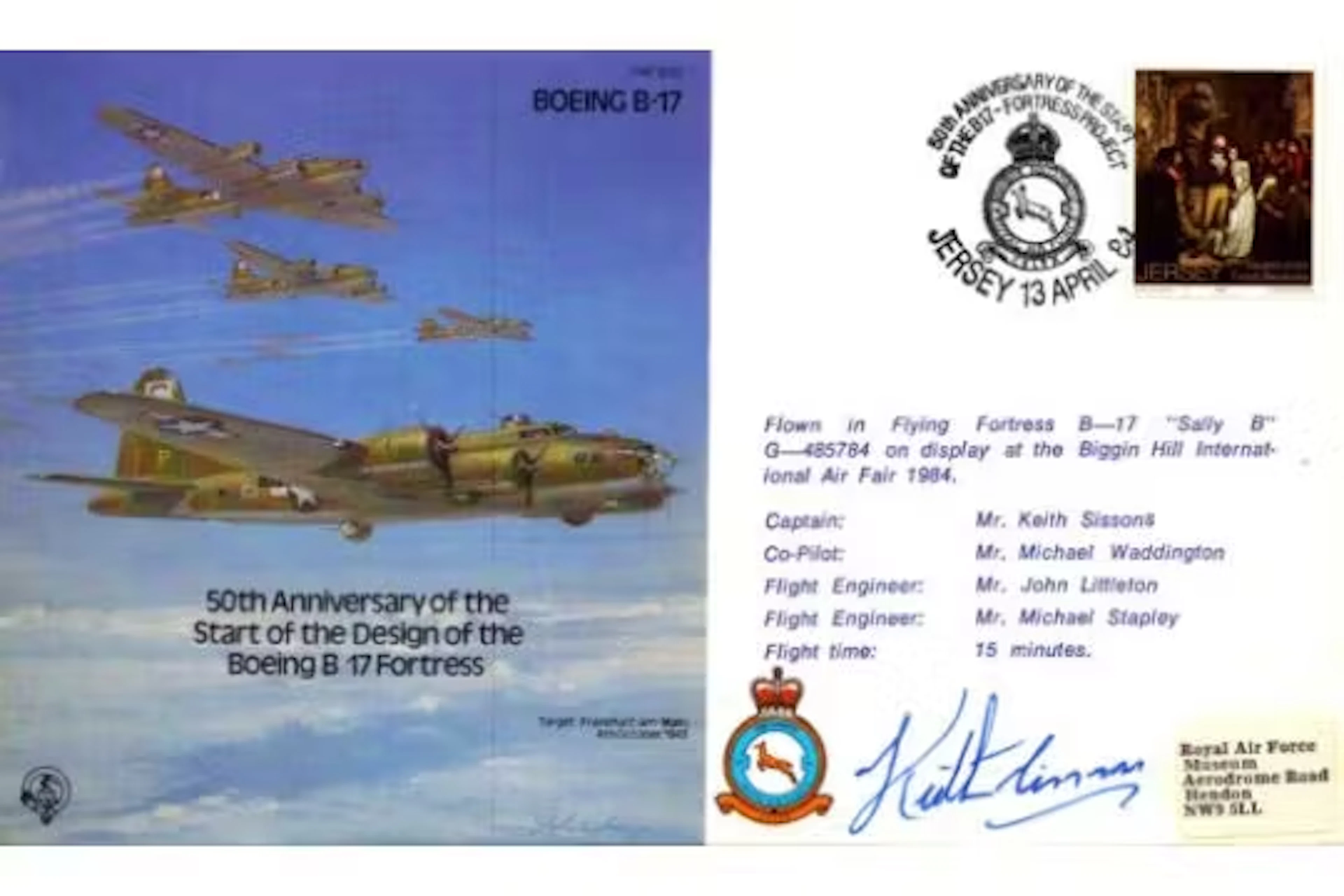 Cpt K Sissons signed Boeing B-17 50th Anniversary of the start of