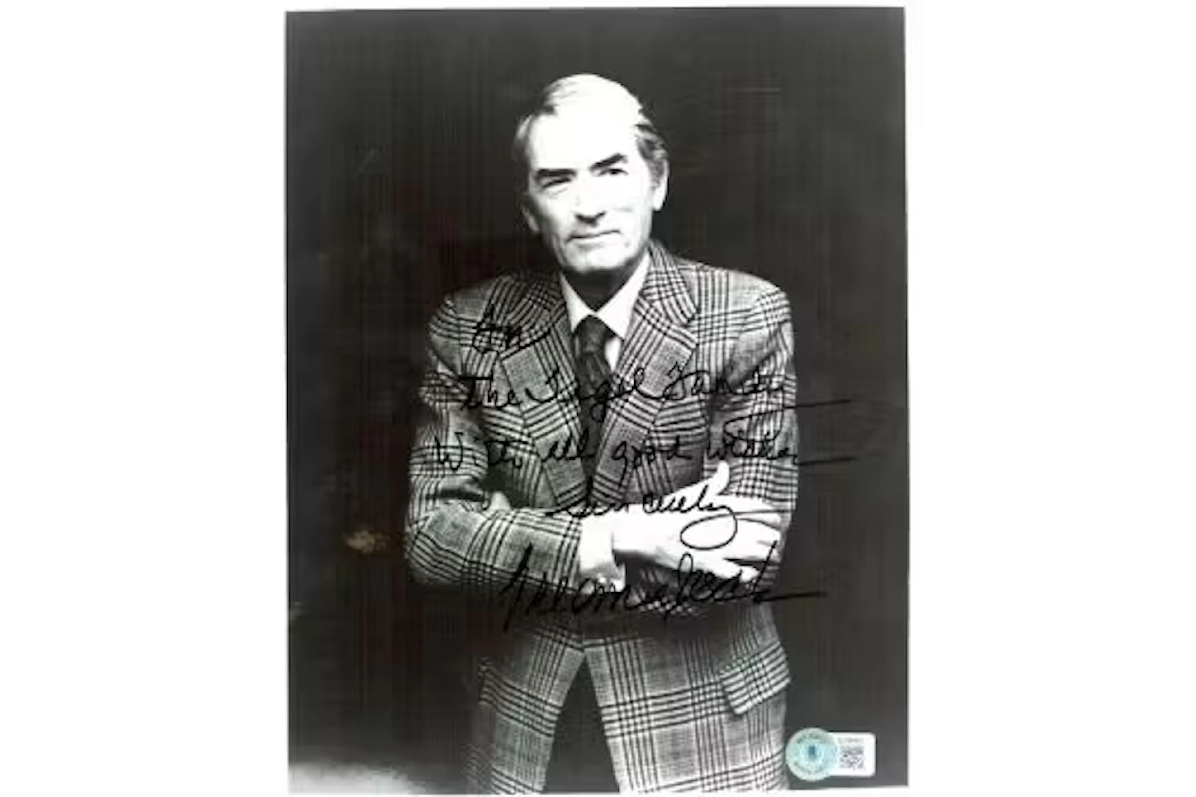 Gregory Peck signed 10x8inch black and white photo. Dedicated. Good