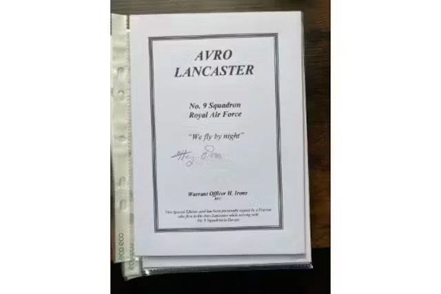 WW2 RAF W/O H Irons DFC 9 Sqn signed Avro Lancaster bomber bookplate.