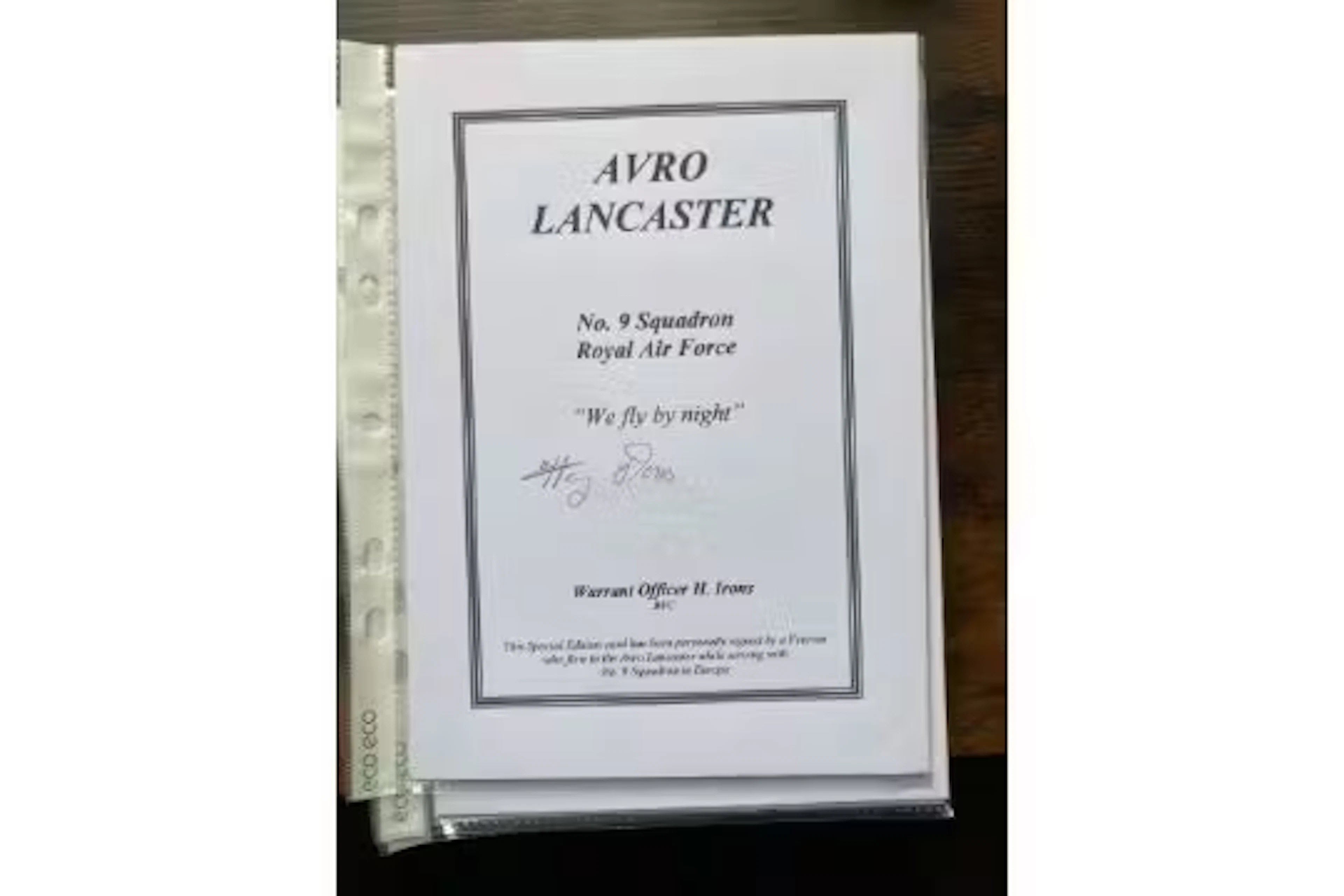 WW2 RAF W/O H Irons DFC 9 Sqn signed Avro Lancaster bomber bookplate.
