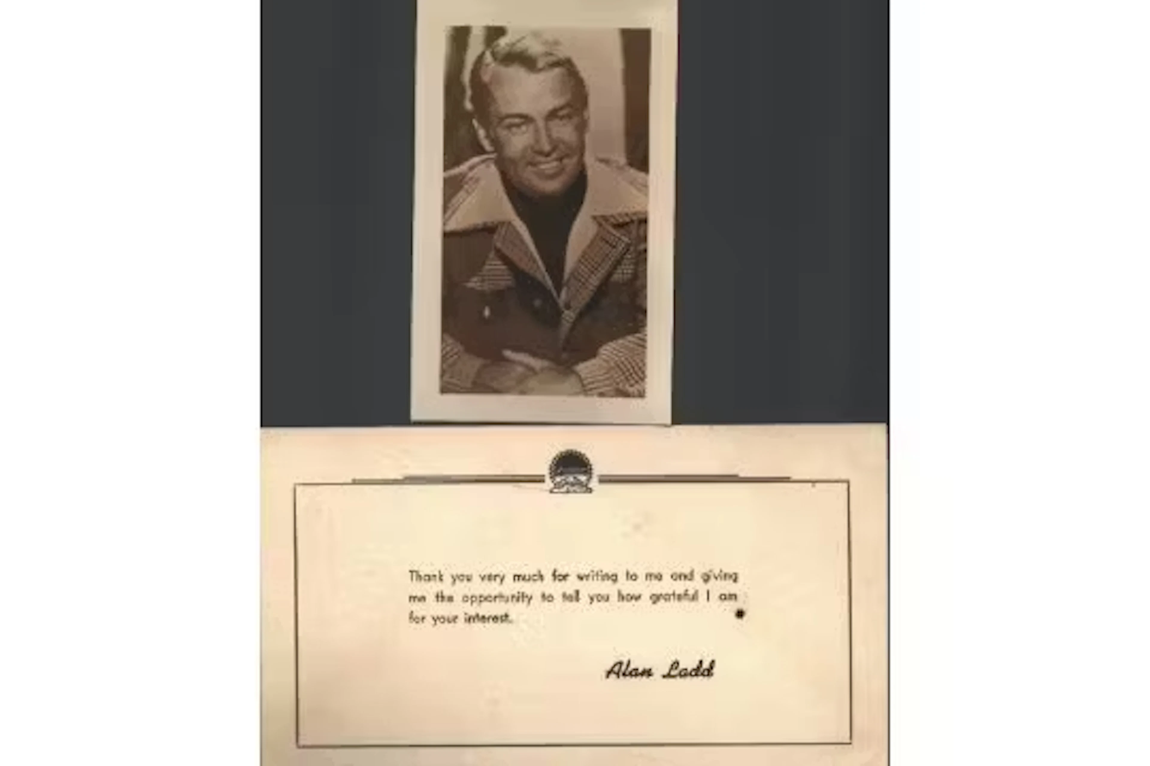 Alan Ladd Thank you note with black and white photo. Printed Signature.